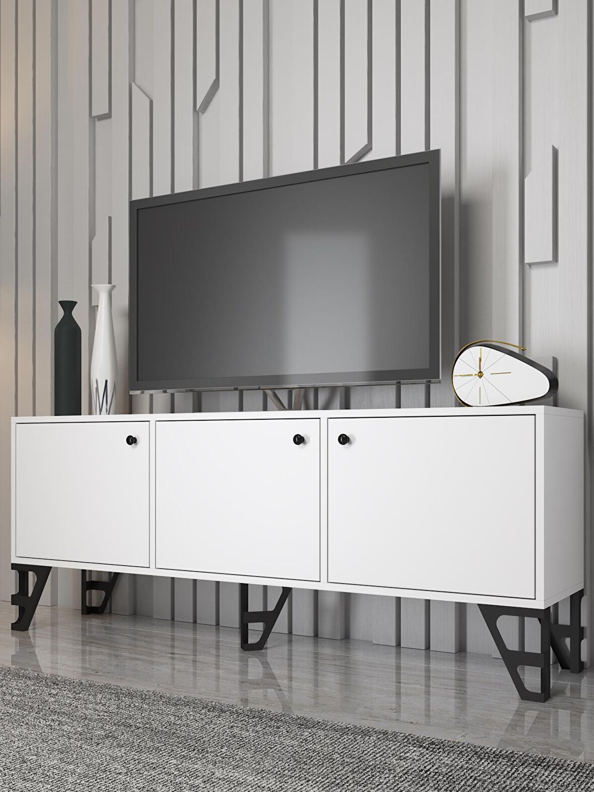 Wood'n Love Bello 160 Cm Metal Ayaklı Tv Ünitesi - Konsol - Beyaz / Siyah