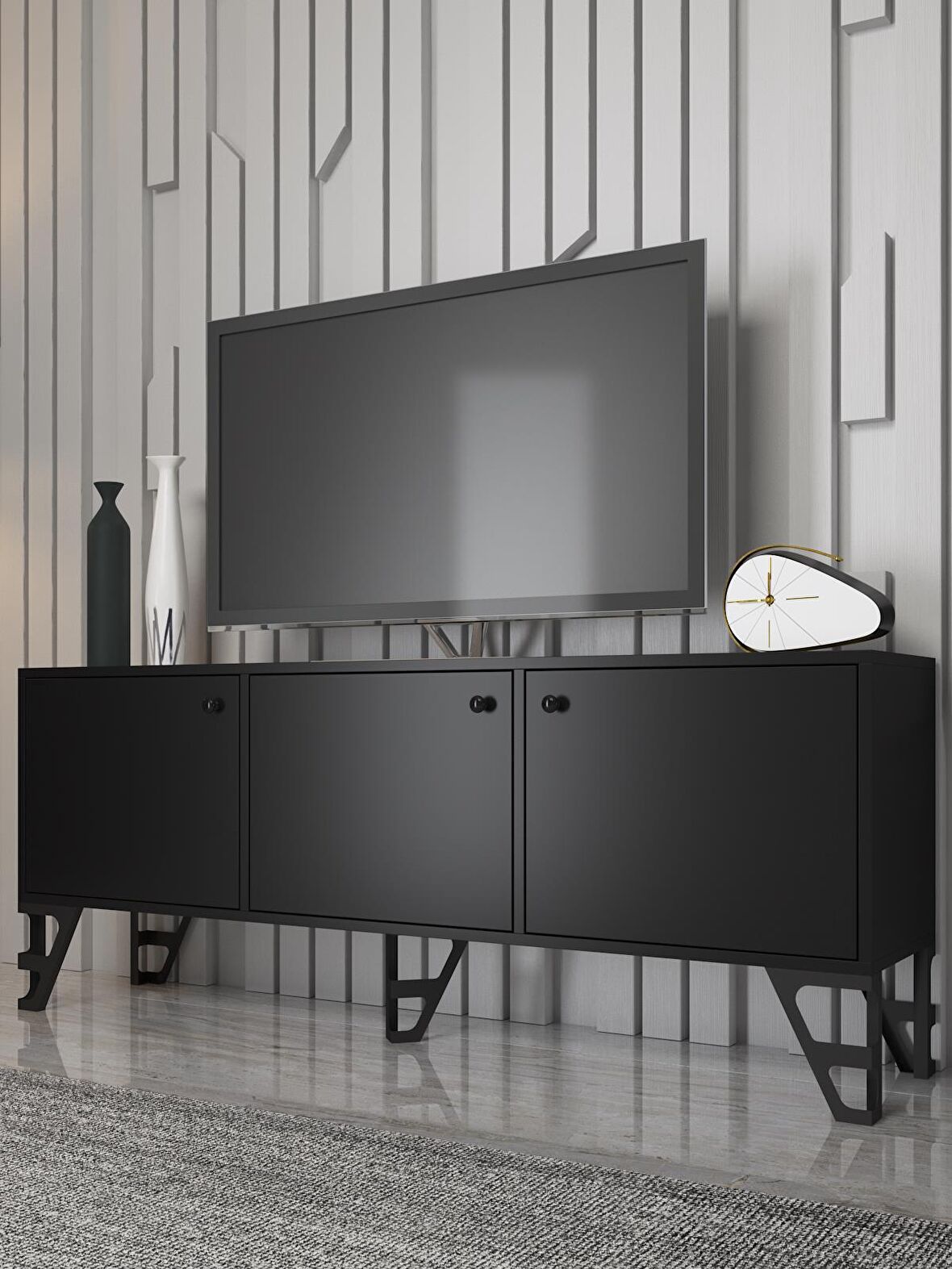 Wood'n Love Bello 160 Cm Metal Ayaklı Tv Ünitesi - Konsol - Siyah / Siyah