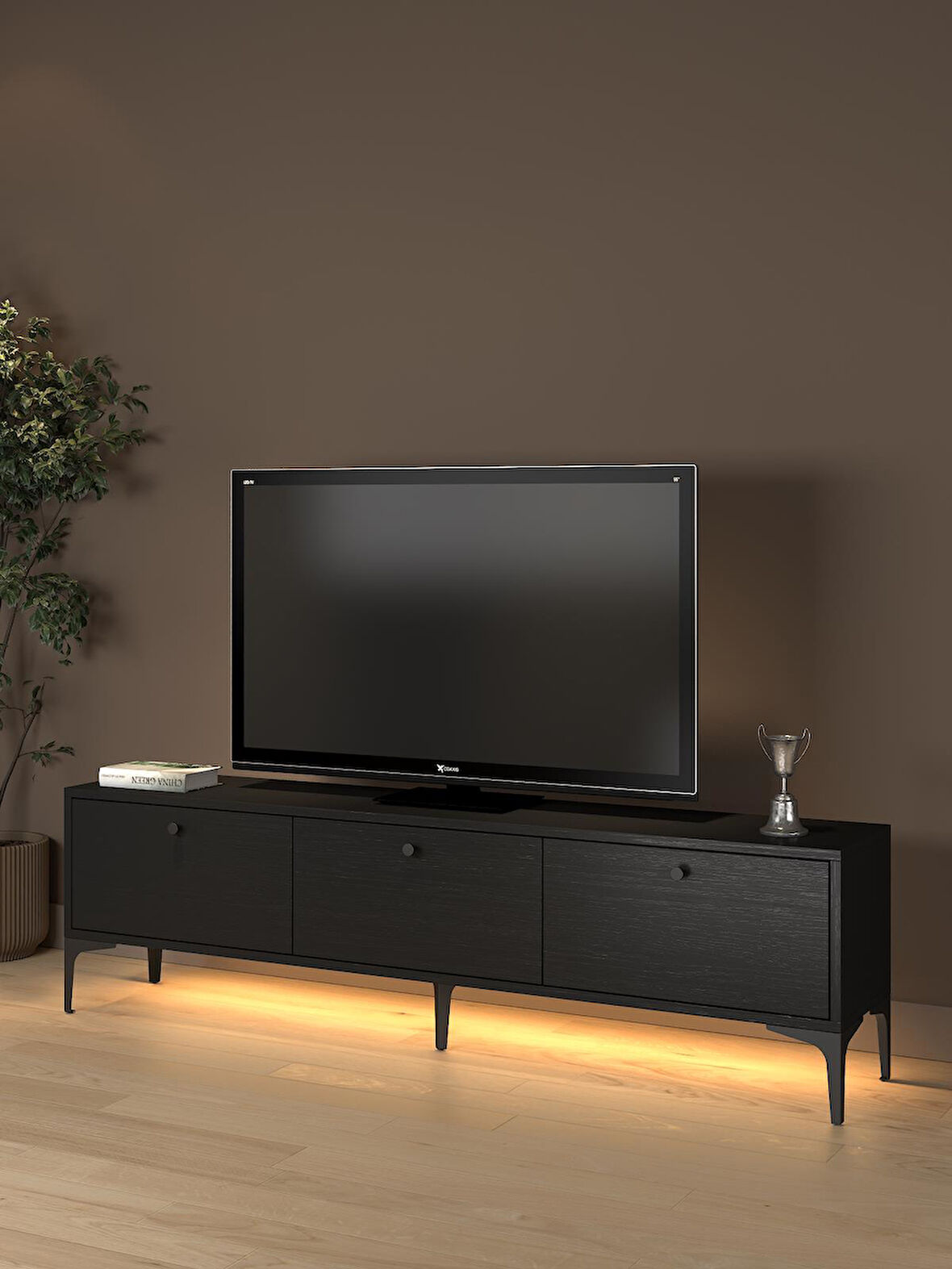 Paris Led Işıklı Dolaplı Minifiksli 160 Cm Tv Ünitesi - Tv Sehpası - Wood Siyah