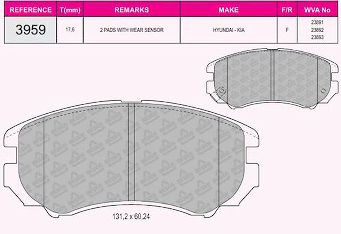 Beşer 3959 Ön Fren Balatası Hyundai Elantra 05-11 Coupe 02-Sonata 01-05 Tucson 04-08 Cerato 08-10 Magentis 01-11 Soul 08-14 Sportage 04-9 581011FE00