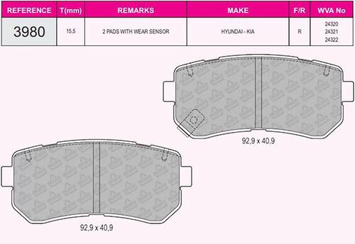 Beser 3980 Arka Fren Balatası Hyundaı Accent Era 06> I20 08-15 I30 07-12 Ix20 10> Ix35 10> Sonata 10-14 Kıa Ceed 06-12 Cerato 08> Rıo 05> Sportage 04-11 Fwd