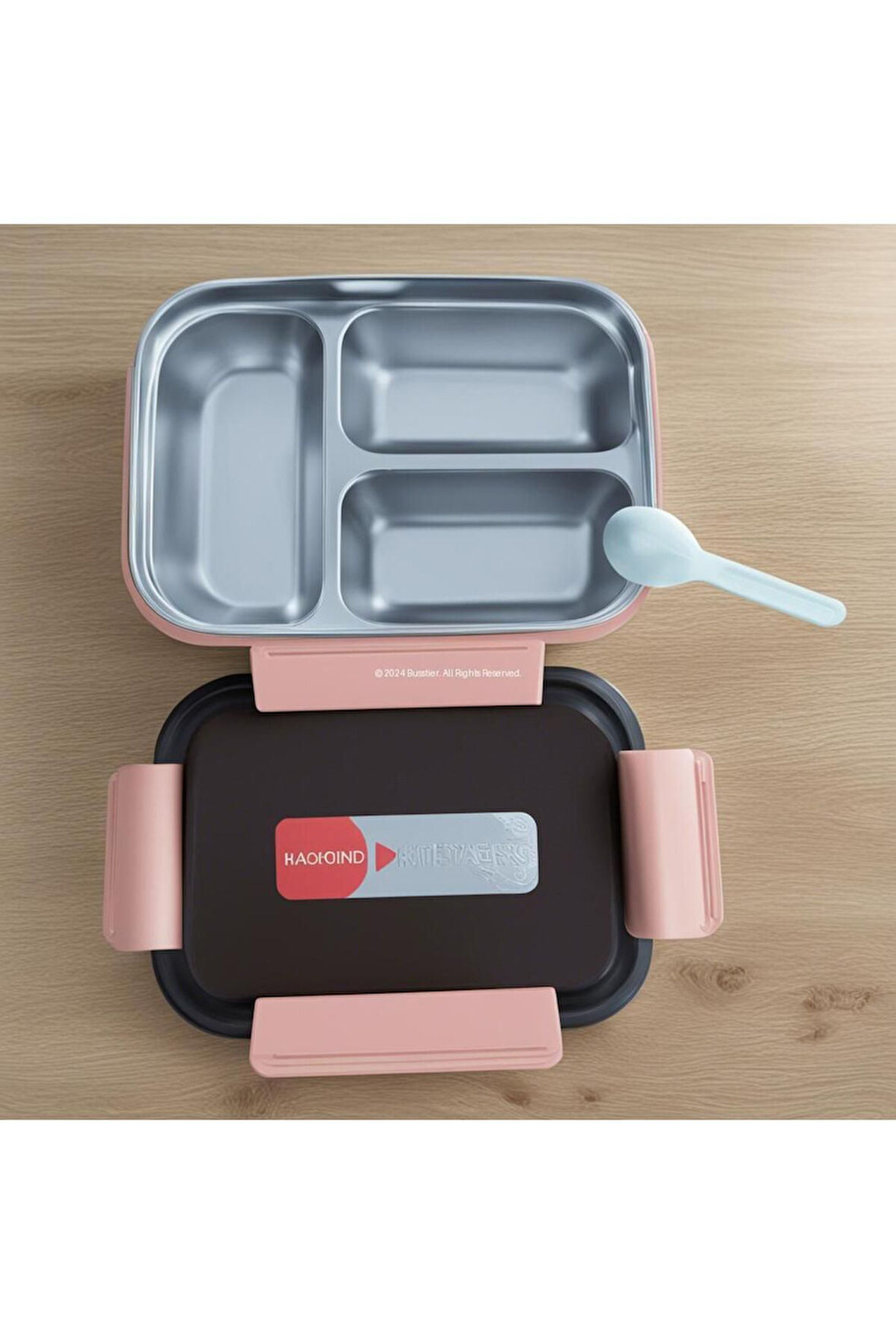 Hybrid Bento Box 650ml - Plastik Gövde, 3-Bölmeli Paslanmaz Çelik, BPA'sız, Çok Amaçlı LunchBox 2348 pembe