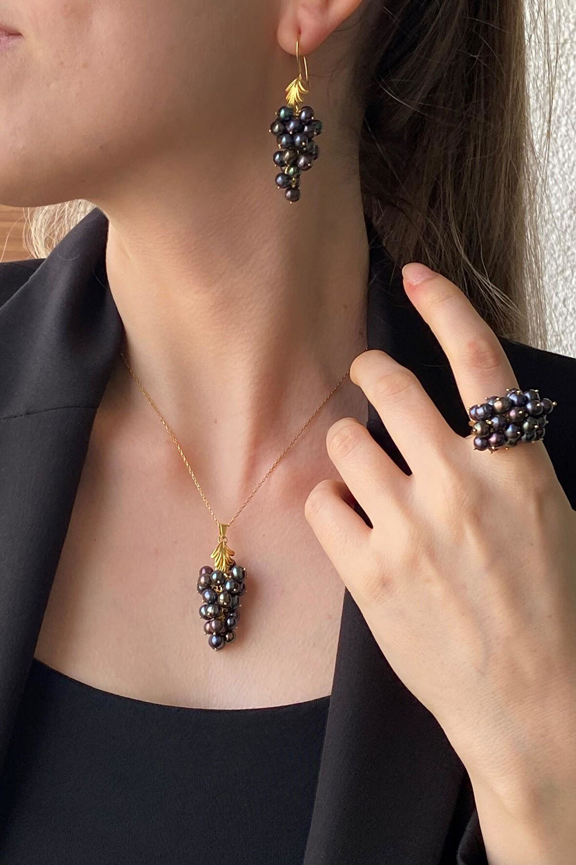 925 Ayar Gümüş Kadın Üzüm Salkımı Doğal İnci Küpe Kolye Yüzük Üçlü Set