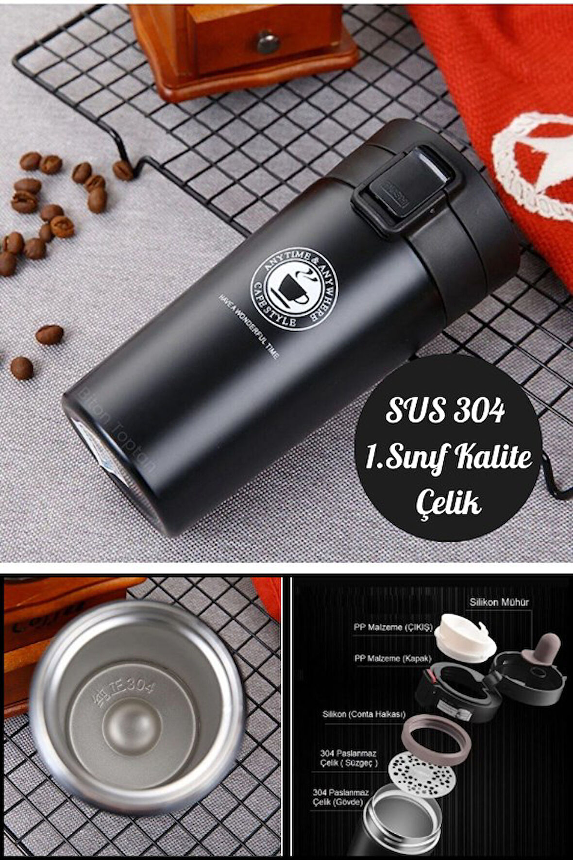 Mug Termos 12 Saat Sıcak Soğuk Filtreli Çift Katmanlı SUS 304 Çelik Bardak 380ml