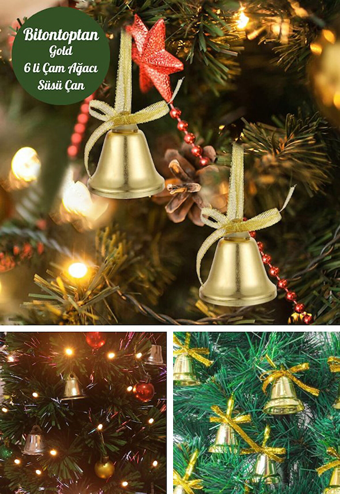 6 Adet Mini Çan Süs Yılbaşı Çam Ağacı Süsü 4 cm Altın Sarısı Kurdeleli Zil Gold Yılbaşı Çam Ağacı Sü