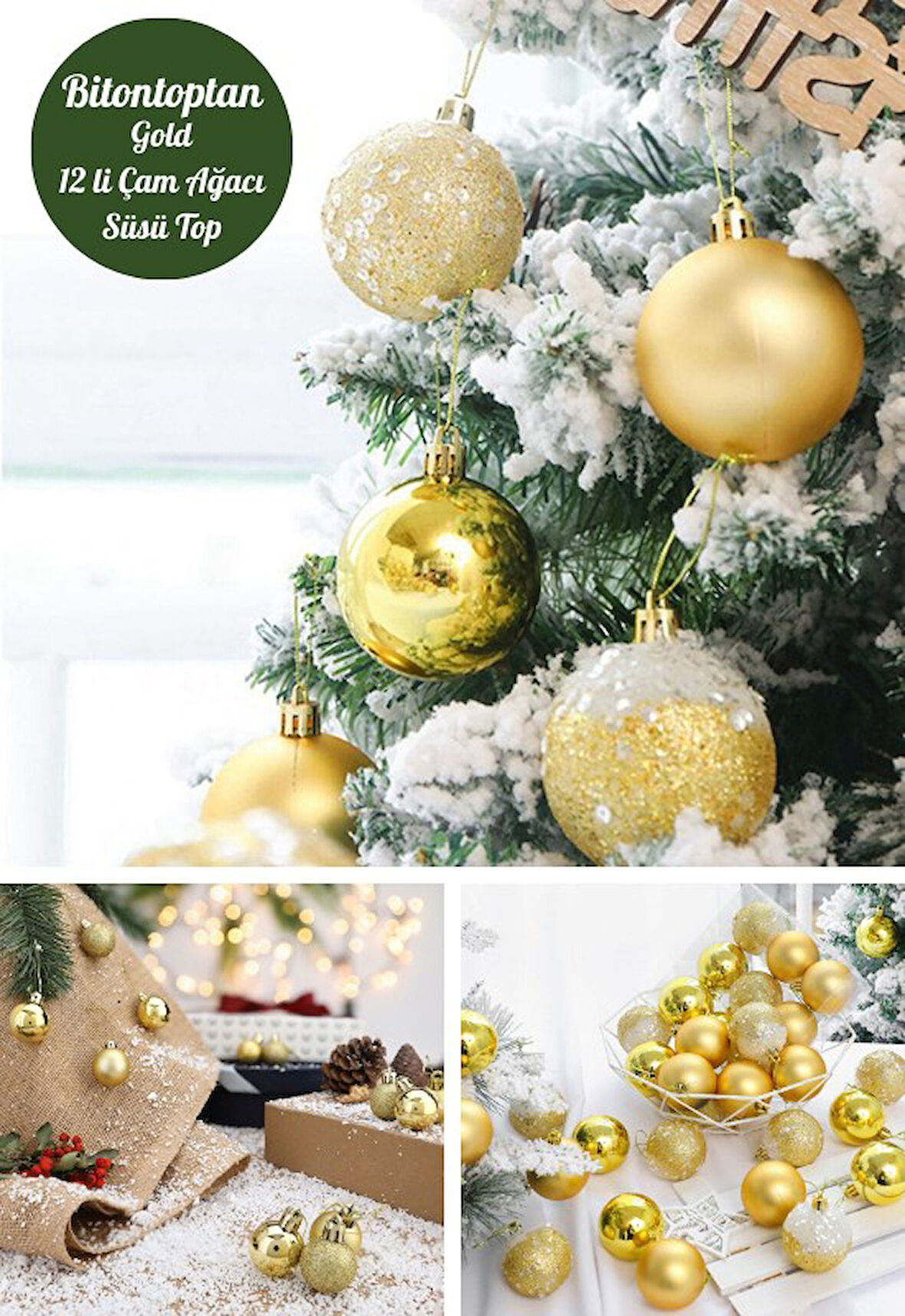 12 Adet Gold 2,5 Cm Mini Yılbaşı Topu, Noel Çam Ağacı Topu, Süs Topu 