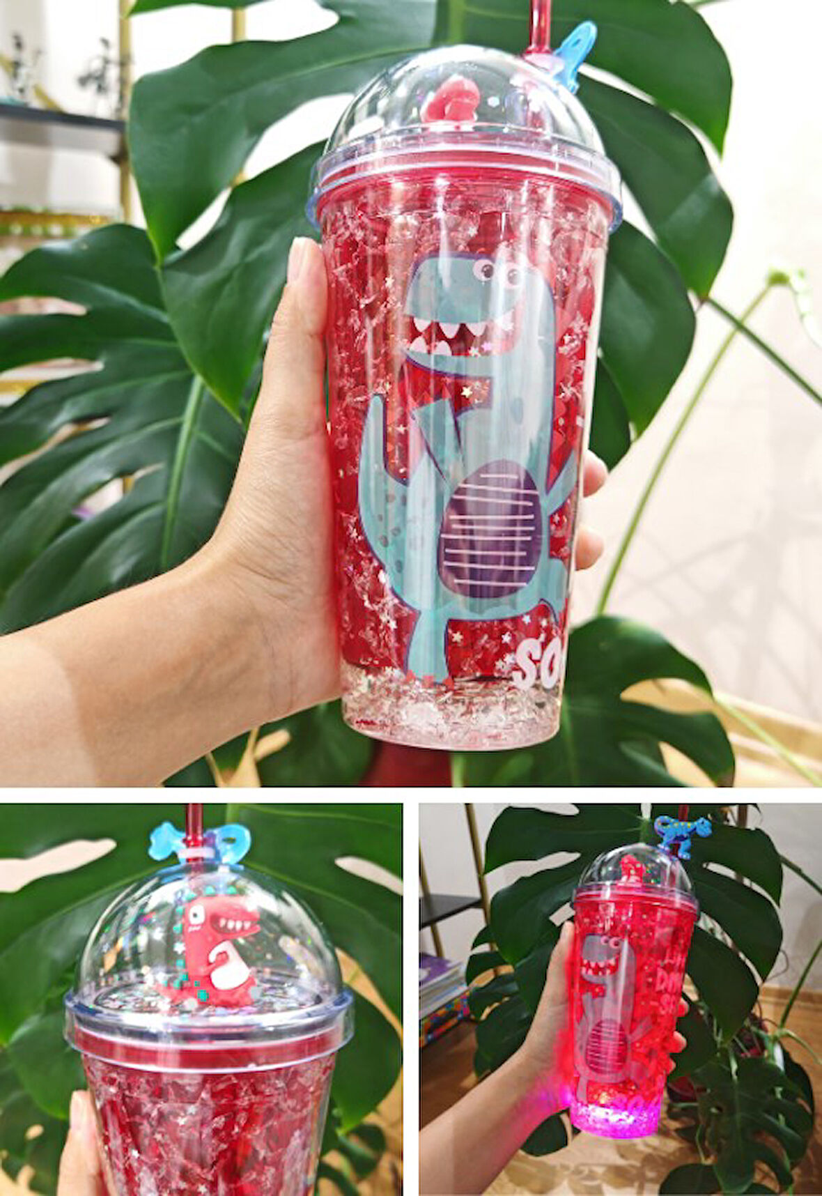 Dino Suluk Pipetli Buzlu Cam Görünümlü Led Işıklı 450 ML Çift Katman Mika 2097 Kırmızı