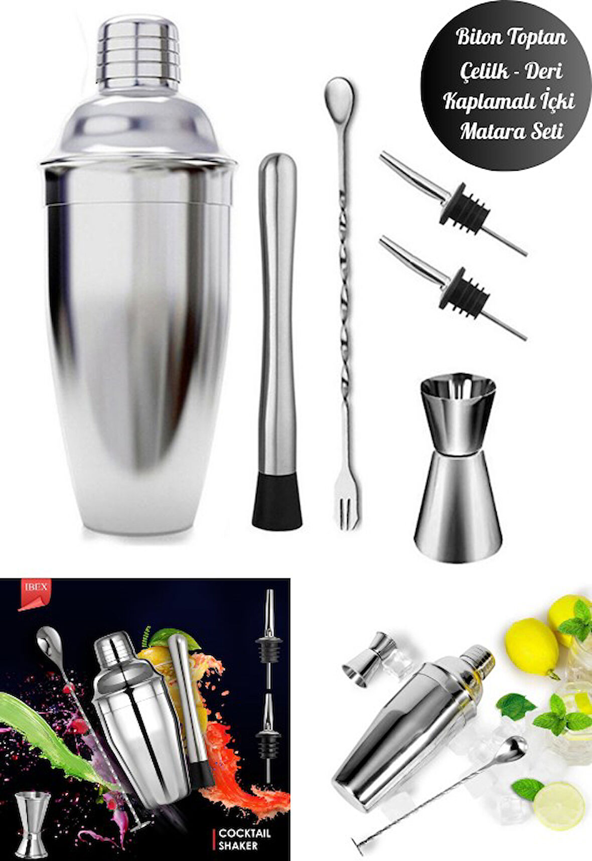Kokteyl Hazırlama Shaker Seti 6 Parça Çelik Shaker Barmen Seti