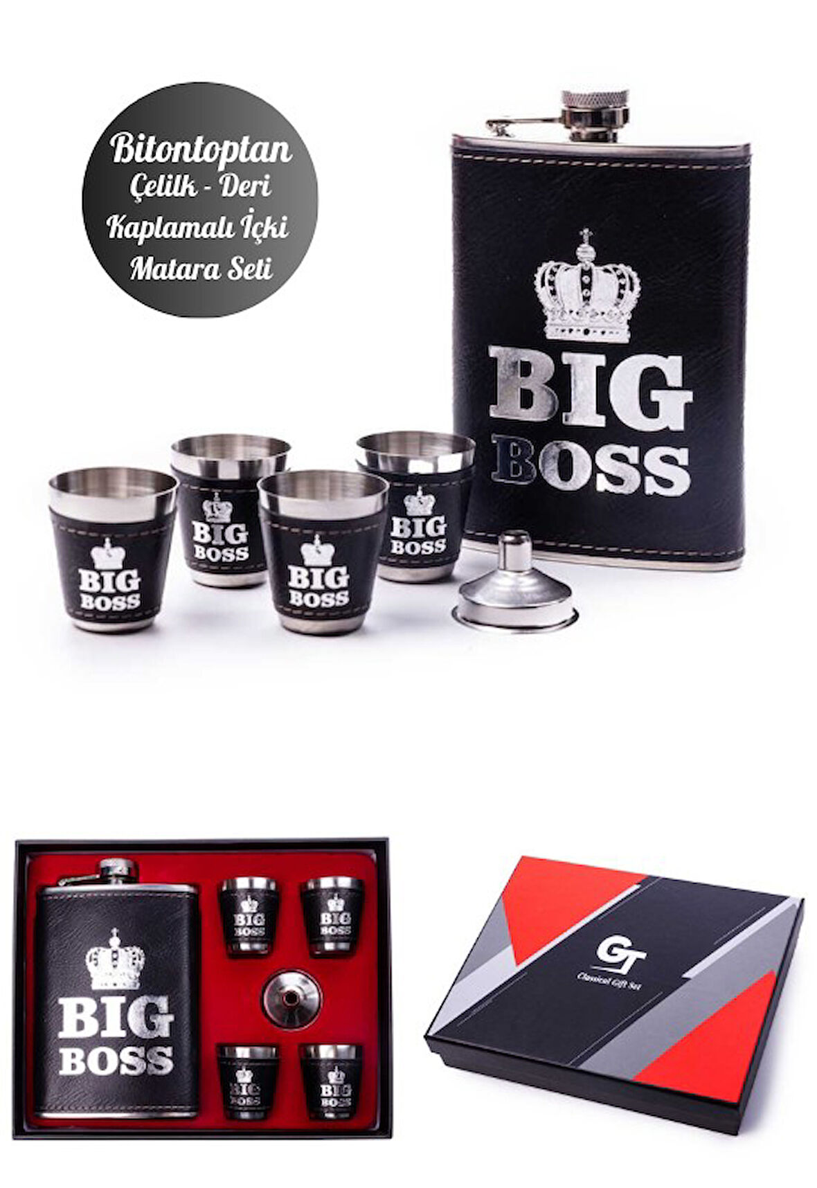 Big Boss Çelik Matara Hediye Seti Deri Kaplamalı Içki Viski Votka Konyak Matarası 4 Shot Bardaklı