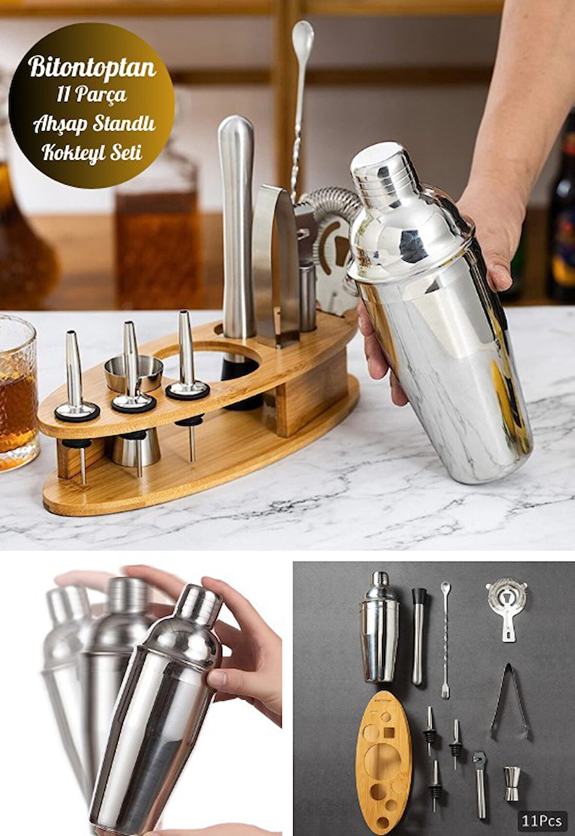 Kokteyl Shaker Seti 11 Parça Paslanmaz Çelik Bambu Standlı Kokteyl Yapma Kiti Bambu Barmenlik Kiti B