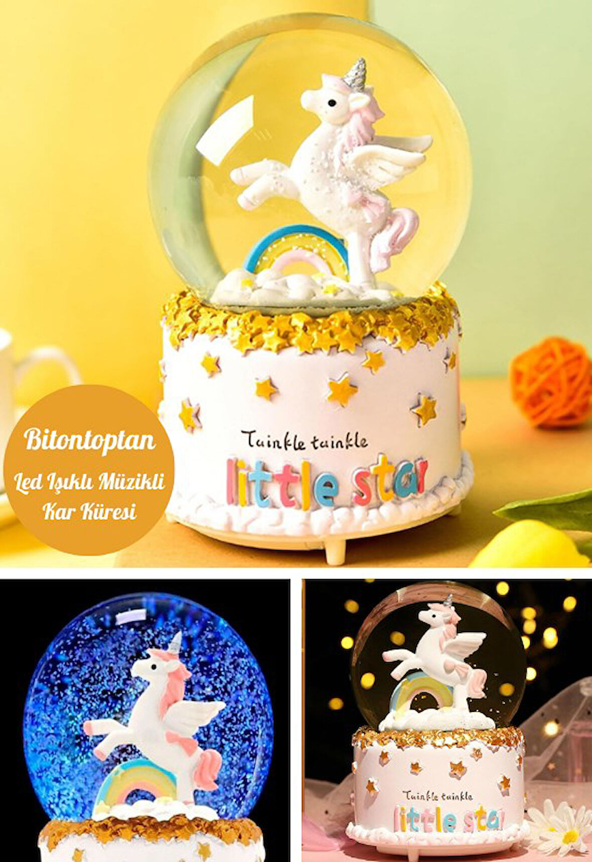 Little Star Unicorn Kar Küresi Orta Boy Işıklı Müzikli 12cm Özel Hediyelik