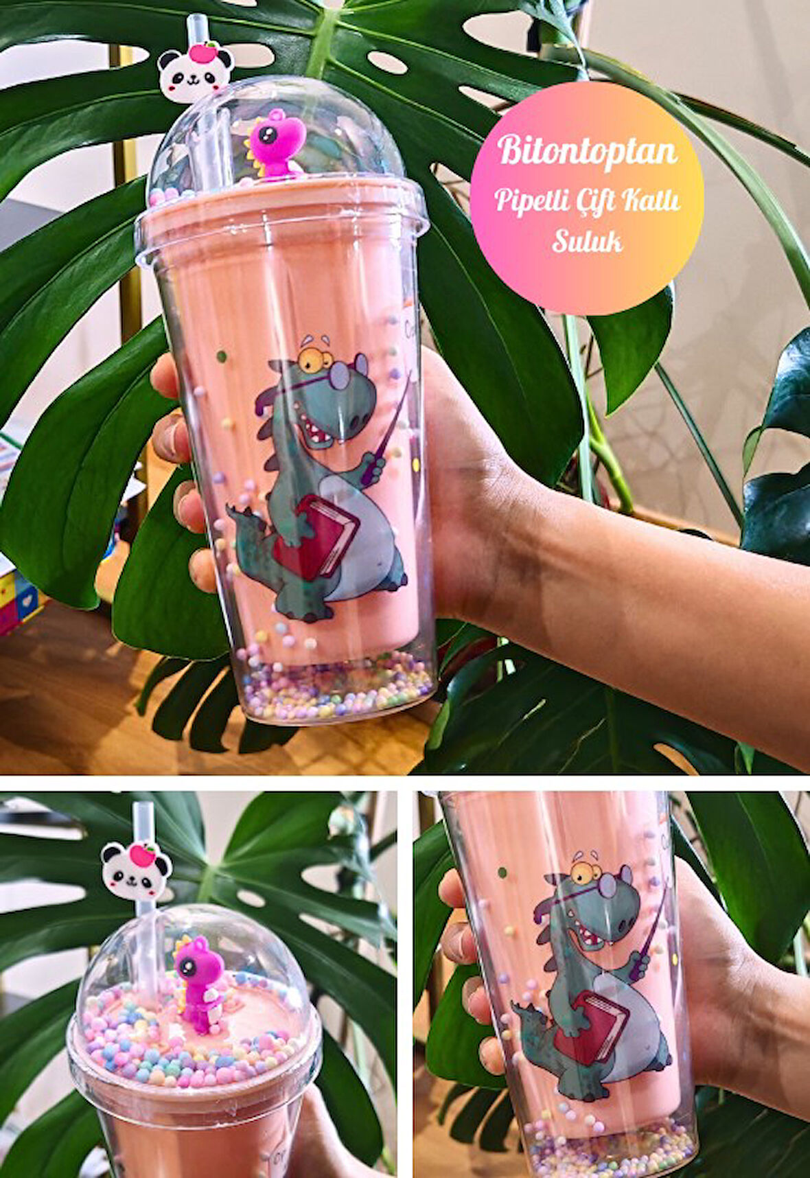 Sevimli Dino Temalı Çift Katman 450 ml Suluk Pipetli Mika Matara Pembe 2769