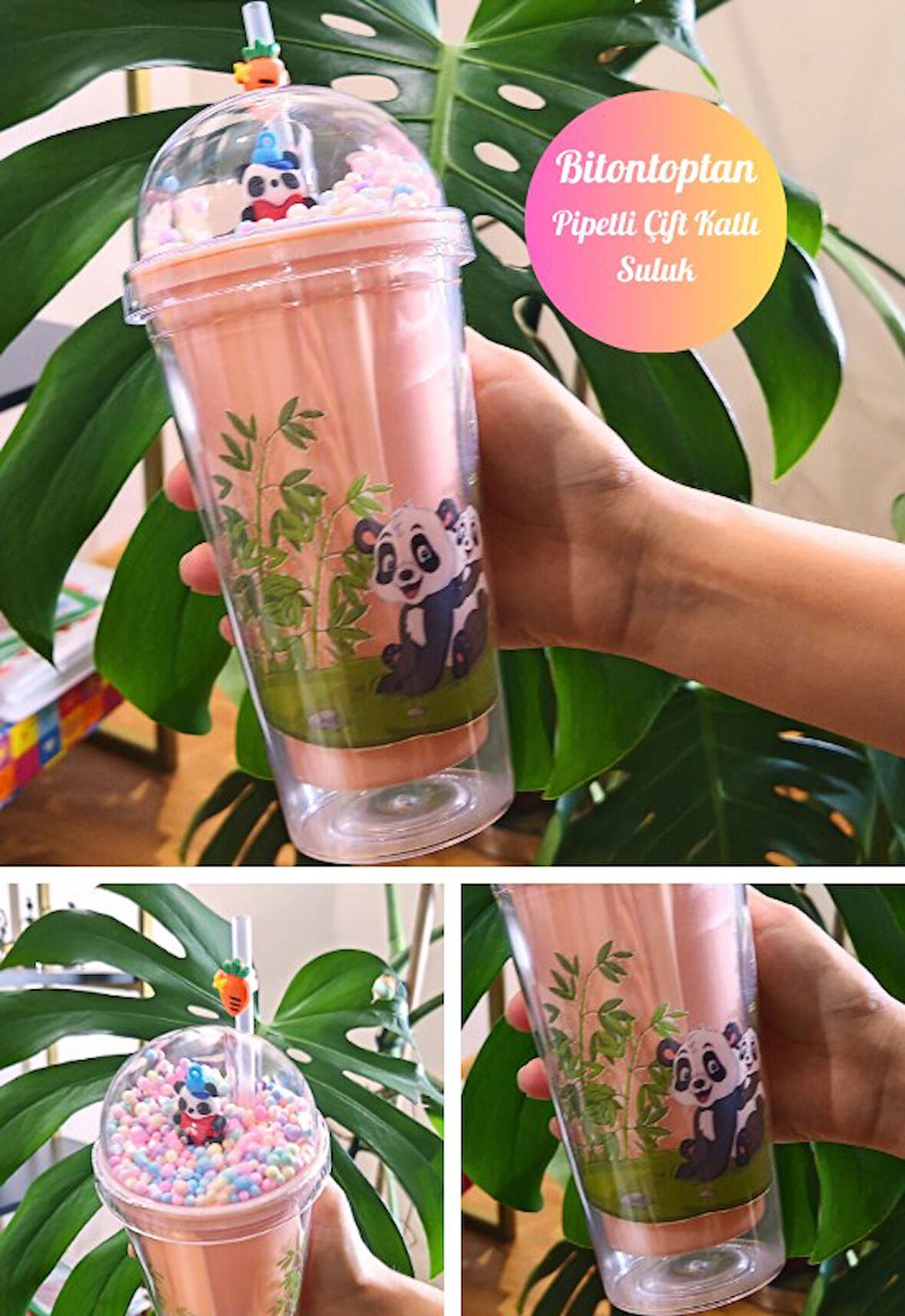 Sevimli Panda Temalı Çift Katman 450 ml Suluk Pipetli Mika Matara Pembe 2770
