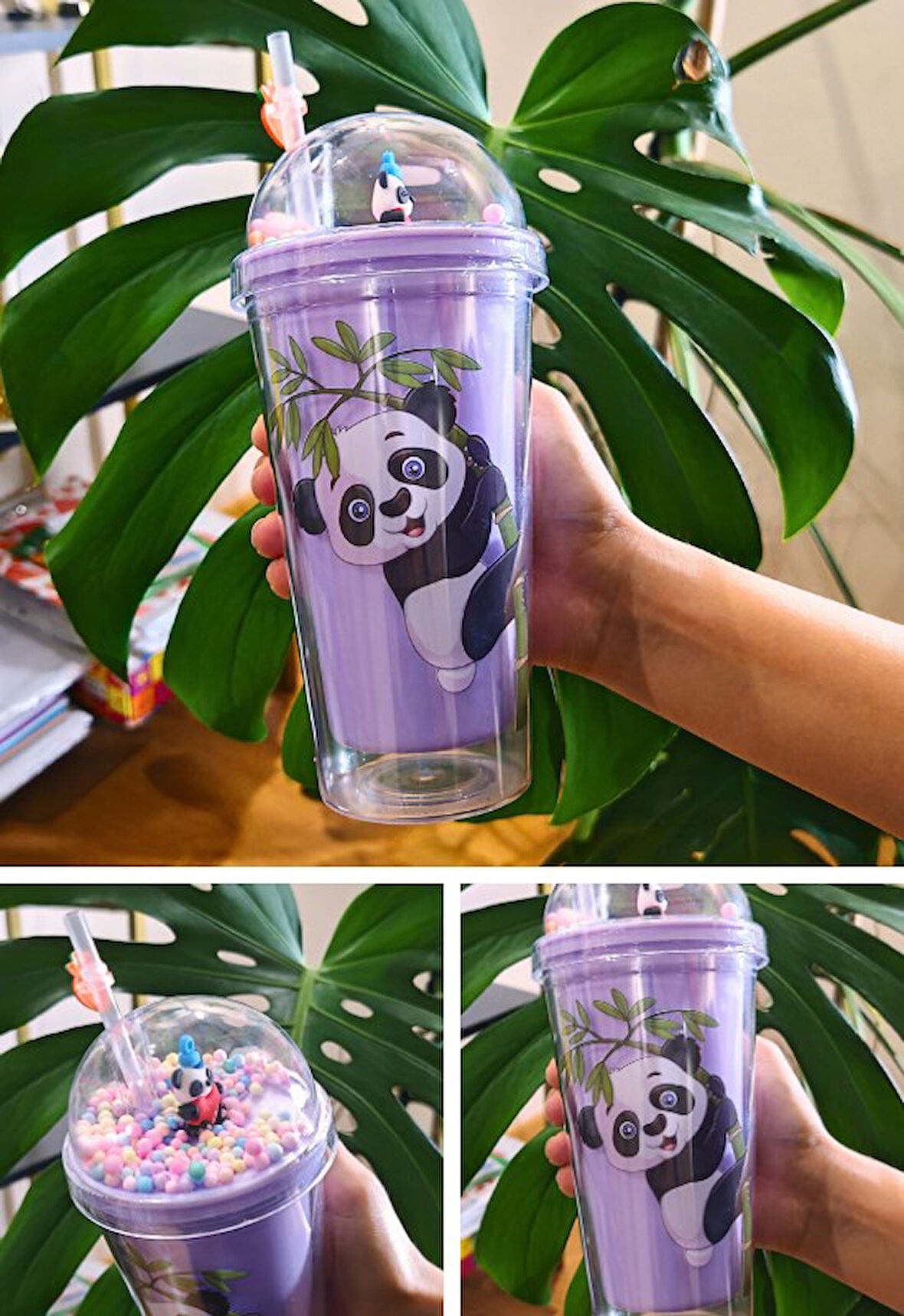 Sevimli Panda Temalı Çift Katman 450 ml Suluk Pipetli Mika Matara Mor 2770