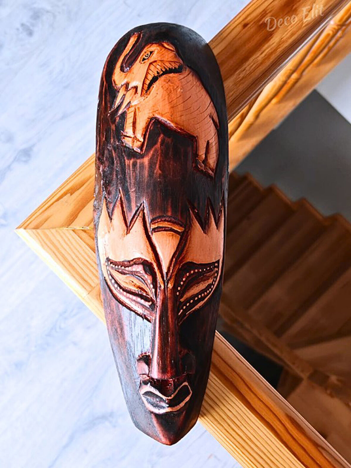 Ahşap Oyma Fil Surat Mask Totem Aborjin Tipi Duvar Objesi Mindi Ağacı El Oyması 30 cm