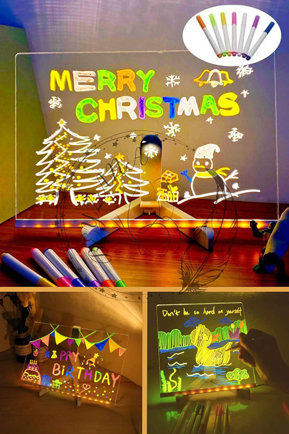 Büyük Boy 30 X 20 cm Neon Mesaj Panosu Led Işıklı Yazı Çizim Tahtası Standlı 7 Keçeli Kalemli