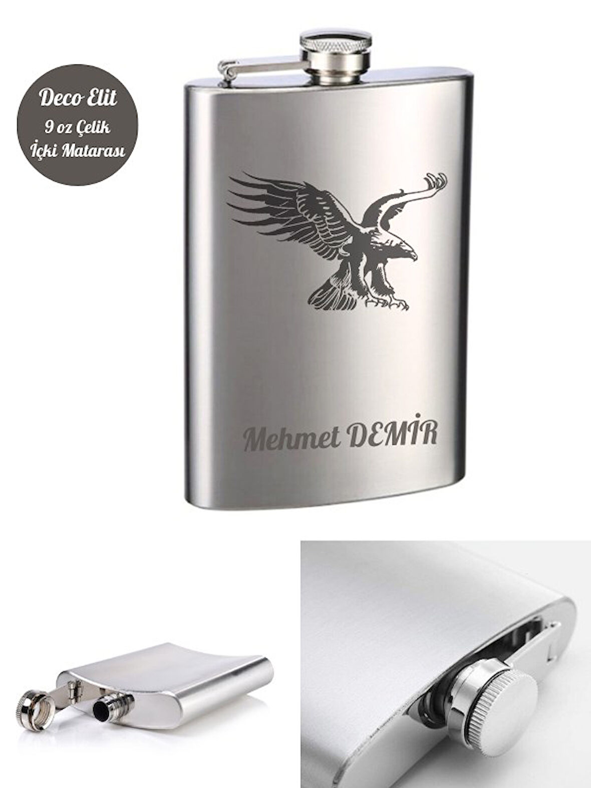 Kişiye Özel Kartal Temalı 9 Oz  Çelik Cep Matarası 266 Ml içki Konyak Alkol Matarası Vip Hediye