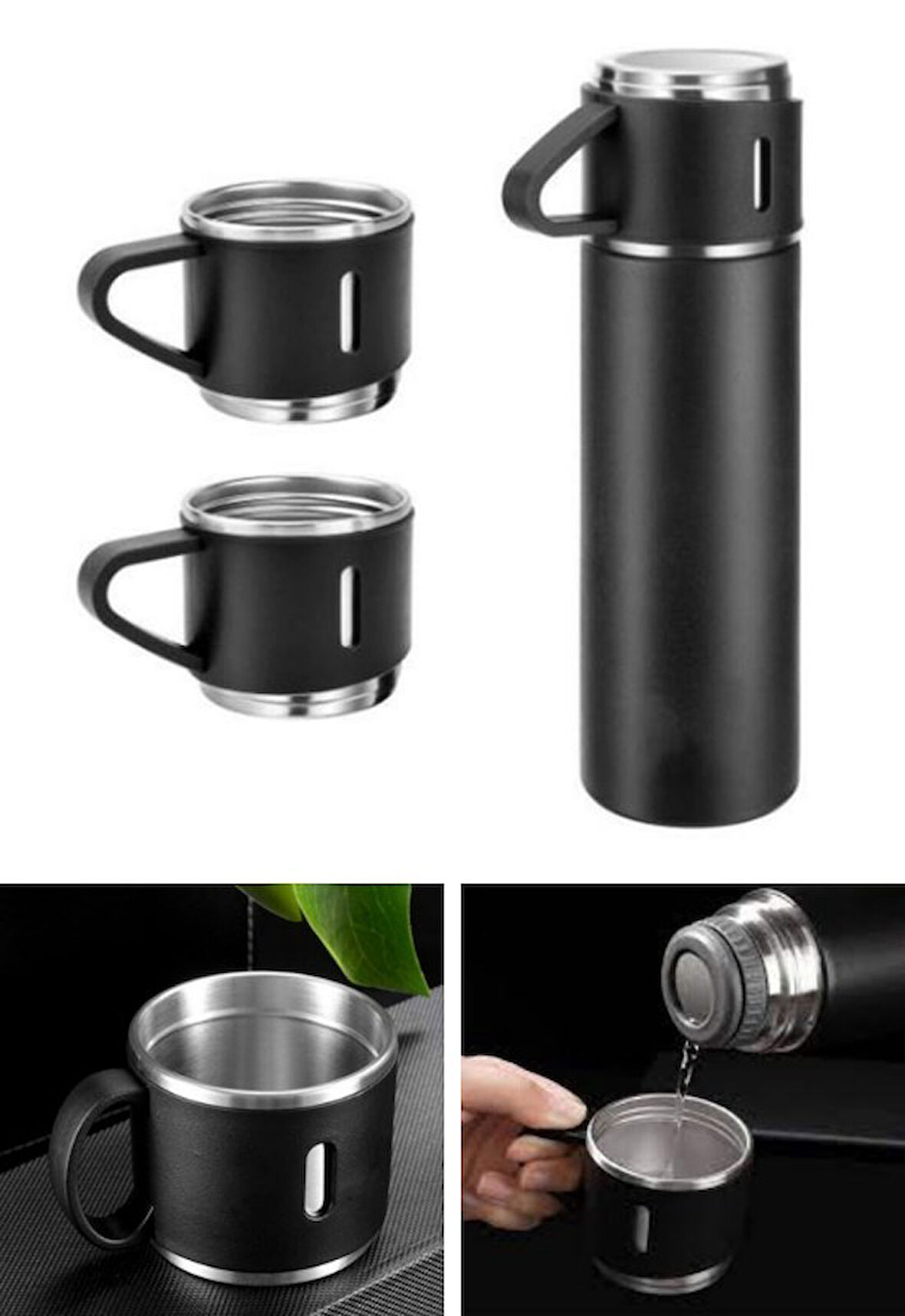 Paslanmaz Çelik Termos 3 Bardaklı Termos Seti Vakumlu  Kamp Termos Set Siyah