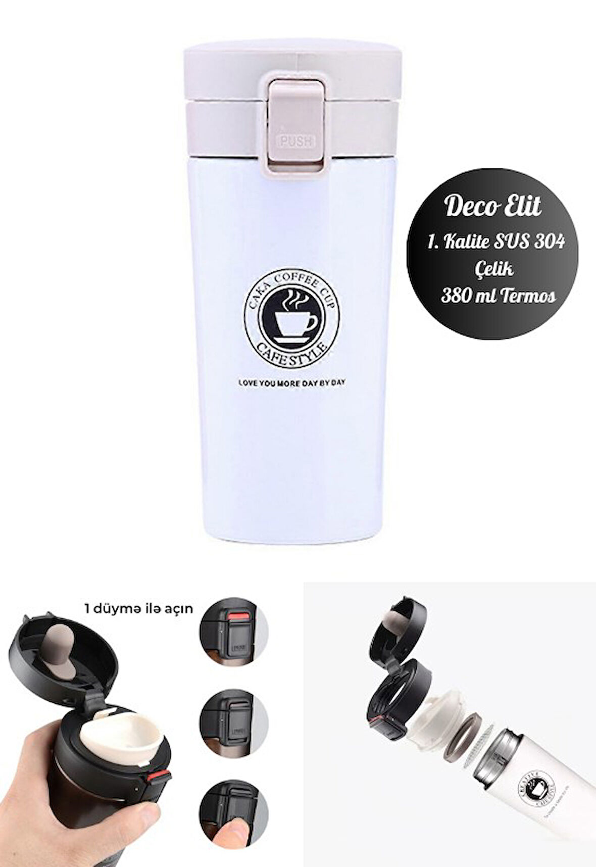 Beyaz Mug Termos 12 Saate Kadar Sıcak Soğuk Tutma Filtreli Çift Katmanlı SUS 304 380ml