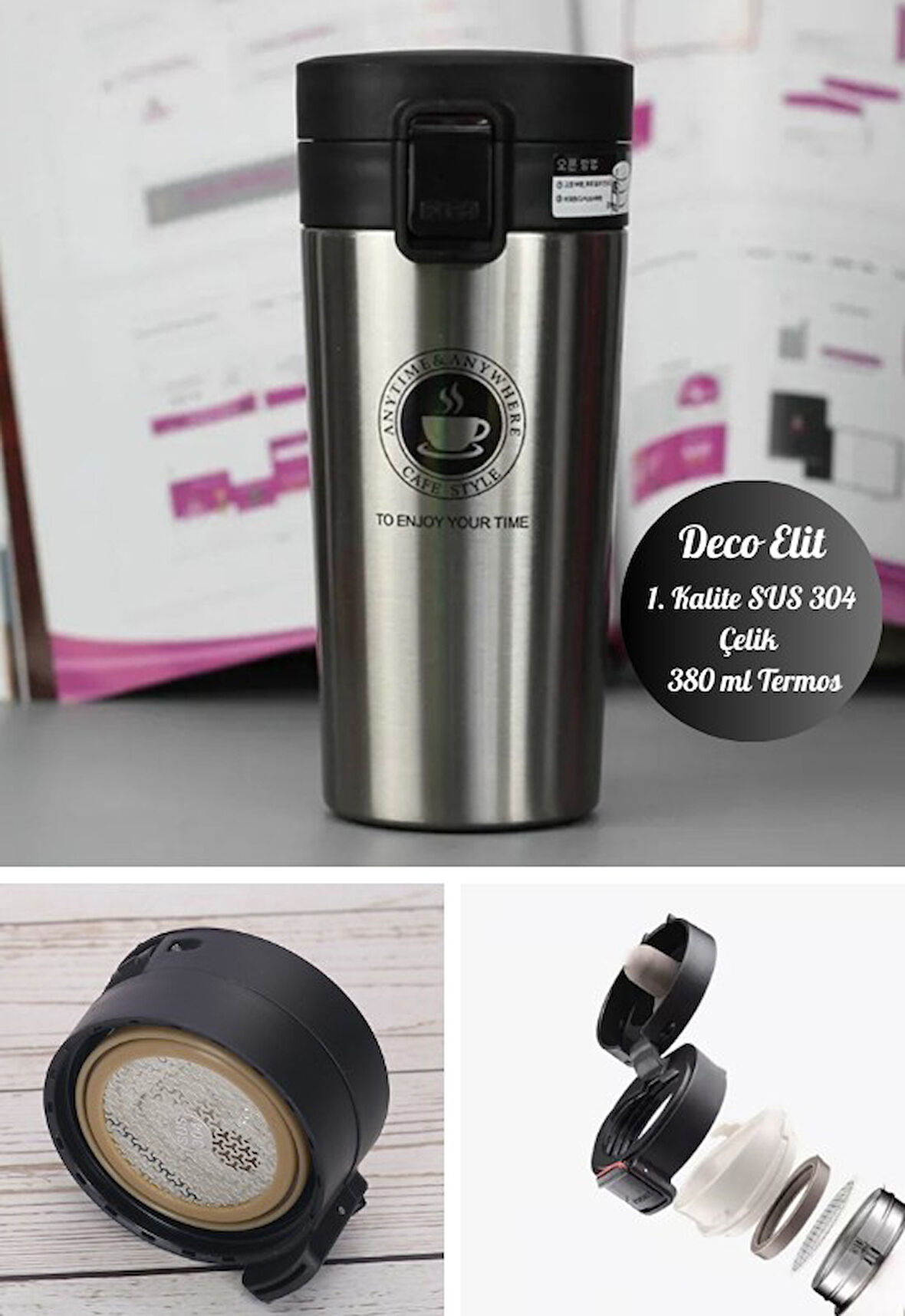 İnox Mug Termos 12 Saate Kadar Sıcak Soğuk Tutma Filtreli Çift Katmanlı SUS 304 380ml