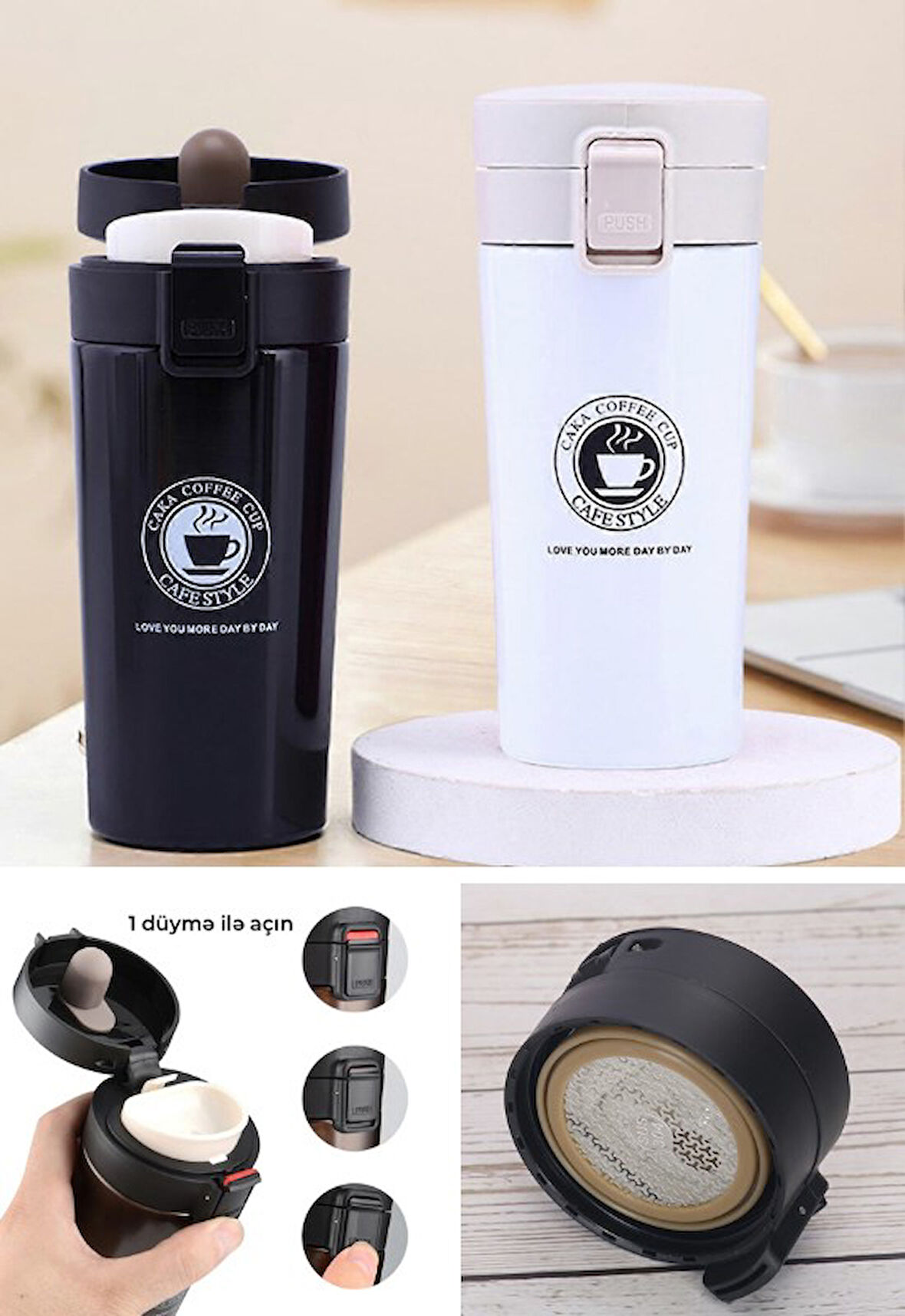 2 Adet Siyah Beyaz İnox Mug Termos 12 Saate Kadar Sıcak Soğuk Tutma Filtreli Çift Katmanlı 380ml
