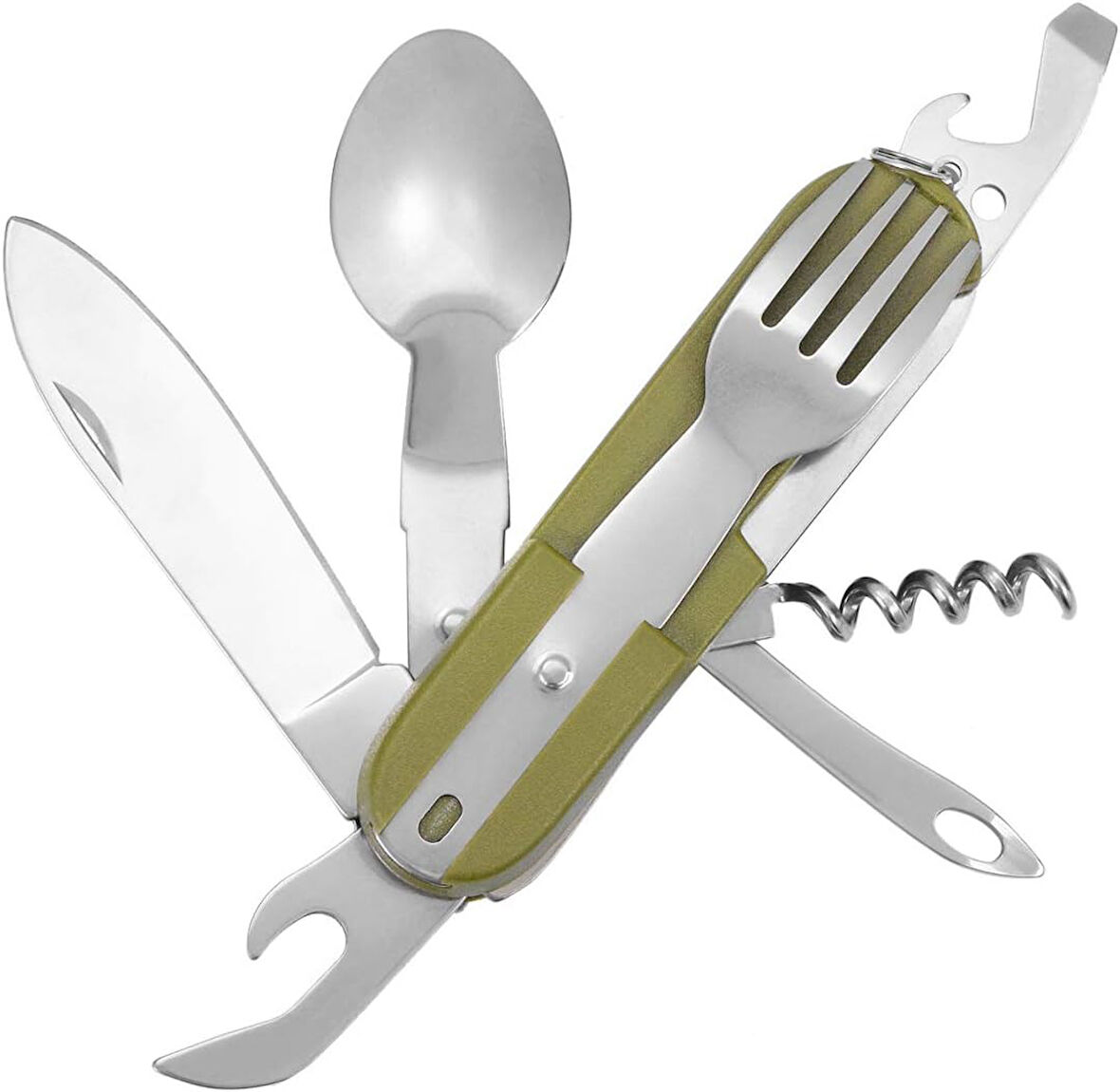 7 si 1 Arada Katlanır Çatal Bıçak Takımı, Çıkarılabilir Paslanmaz Çelik Kamp Çatal Bıçak Takımı 