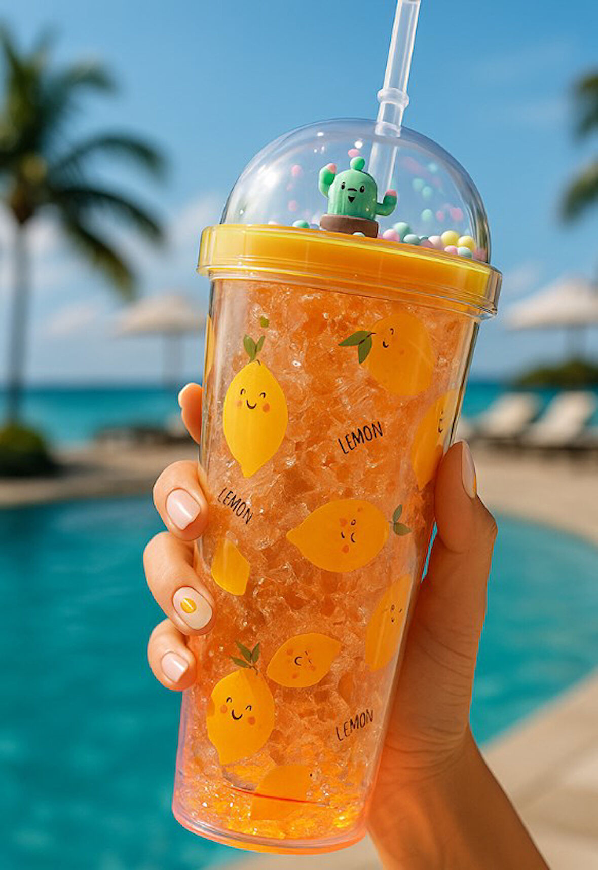 Beach Temalı Suluk Pipetli Buzlu Cam Görünümlü Led Işıklı 450 ML Çift Katman Mika 2768 