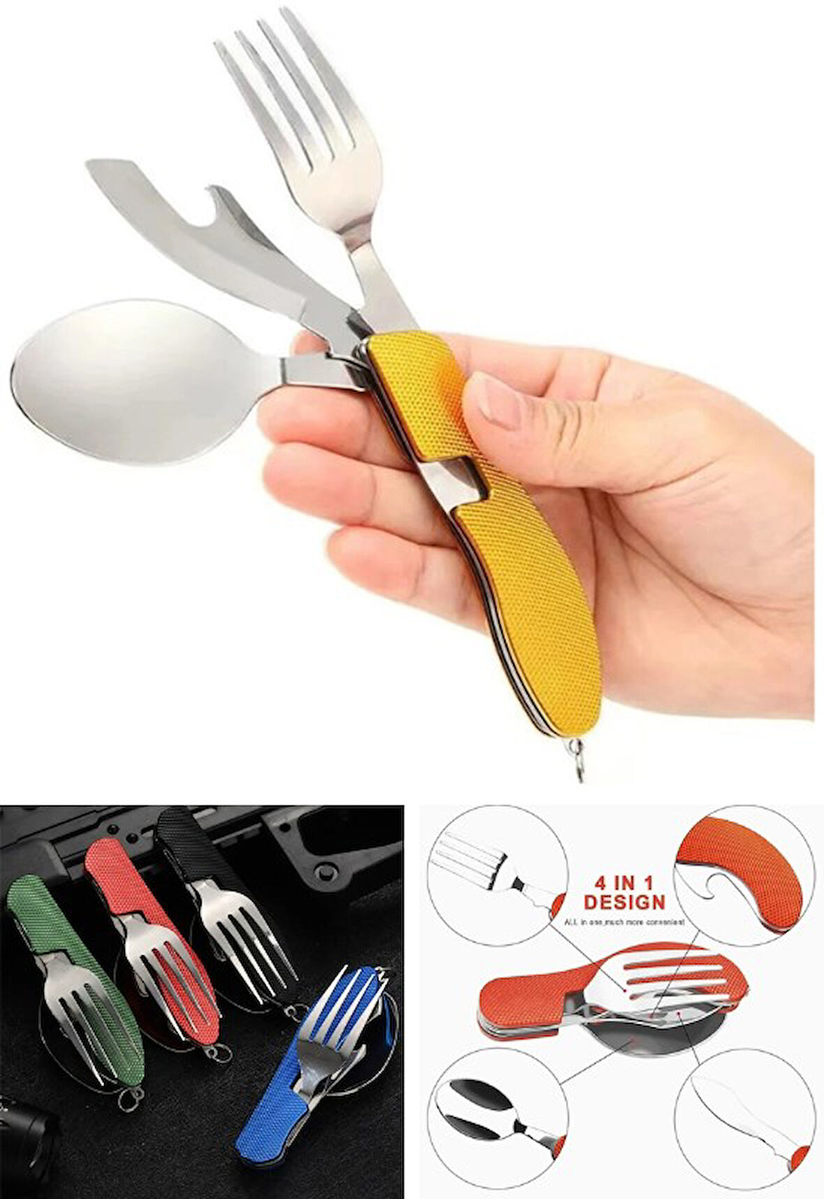 Katlanabilir Sofra Bıçak Kaşık Çatal 4in1 Yemek Kaşığı Paslanmaz Çelik Şişe Açacağı Taşınabilir Sof