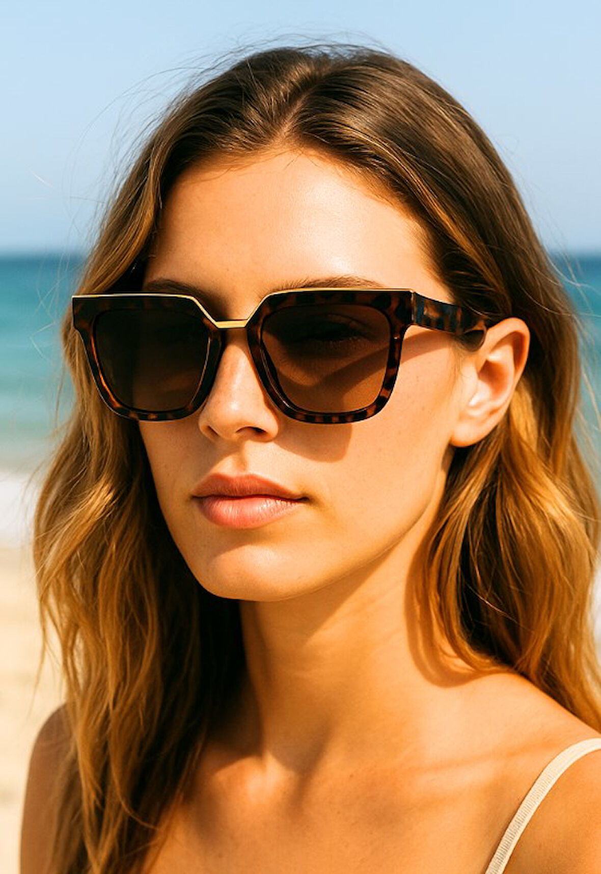 Alexa K.Rengi Kadın Güneş Gözlüğü Leopar Desen Çerçeve - Metal Gold Detay UV 400 Korumalı Gözlük