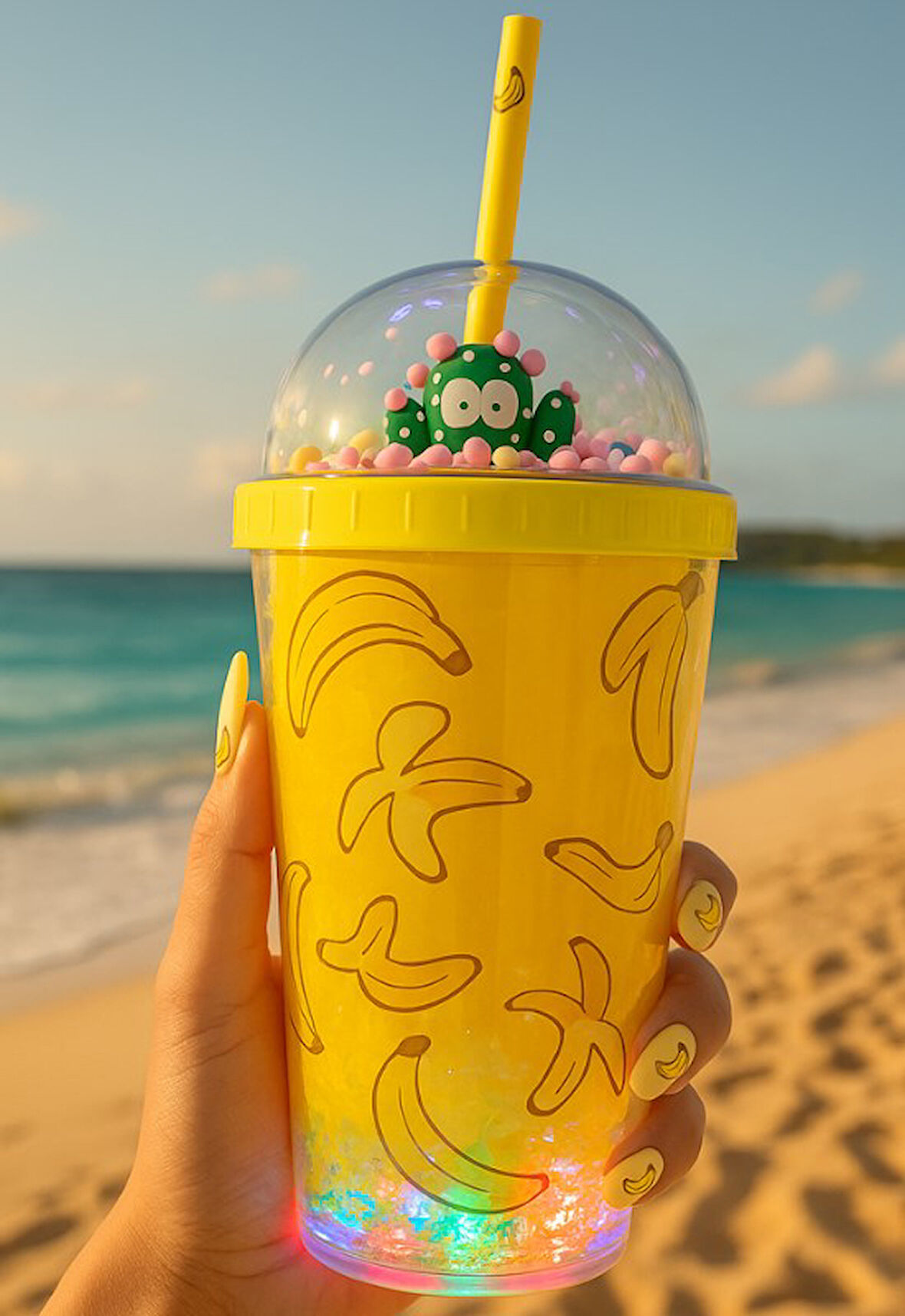 Fresh Temalı Suluk Pipetli Buzlu Cam Görünümlü Led Işıklı 450 ML Çift Katman Mika 2768