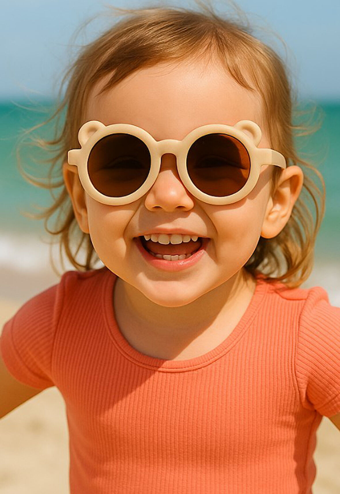 Kids Güneş Gözlüğü Bej Ayıcık Çerçeve UV 400 Korumalı CE Belgeli Çocuk Güneş Gözlüğü