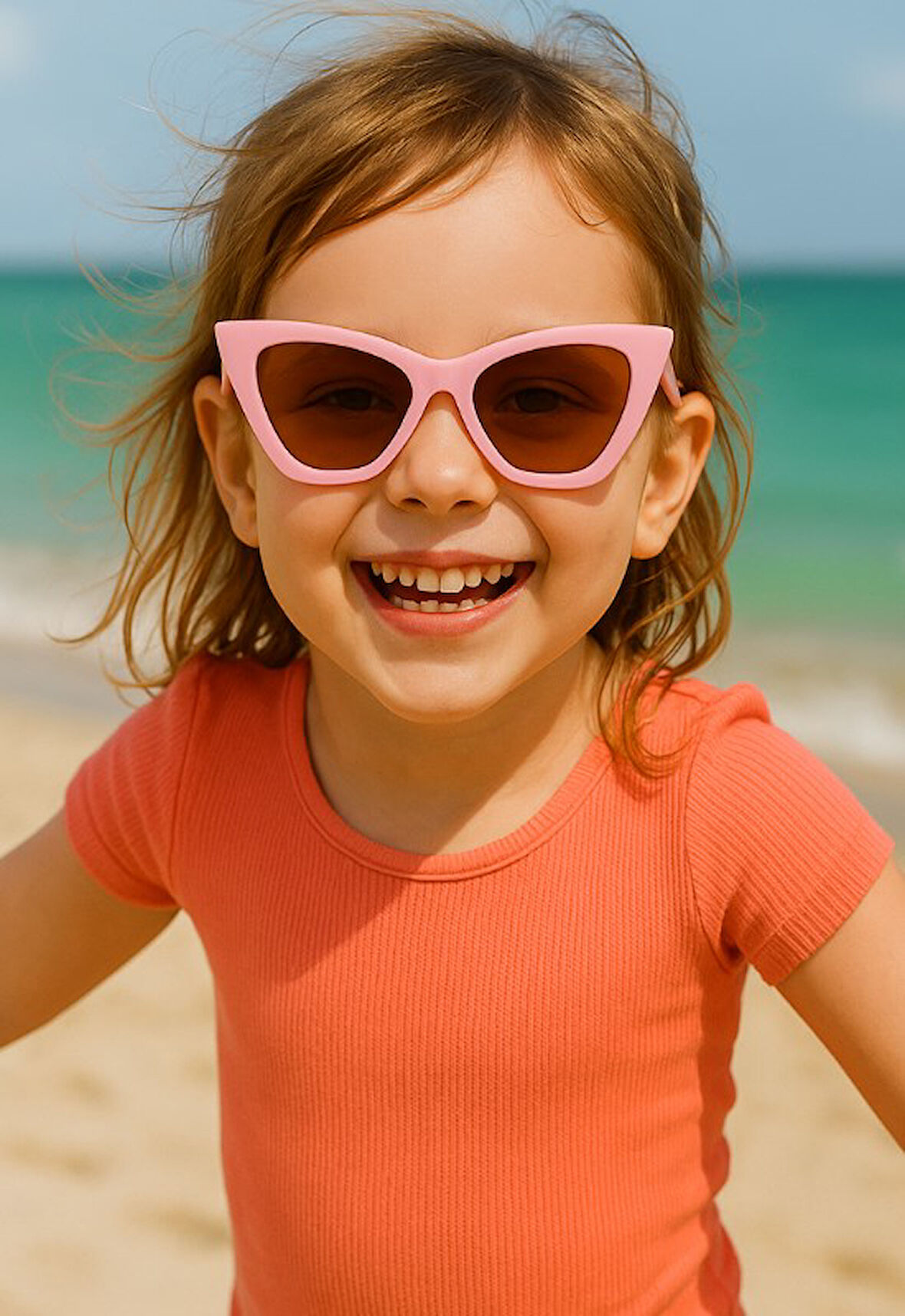 Kids Güneş Gözlüğü Pembe Çekik Çerçeve UV 400 Korumalı CE Belgeli Çocuk Güneş Gözlüğü