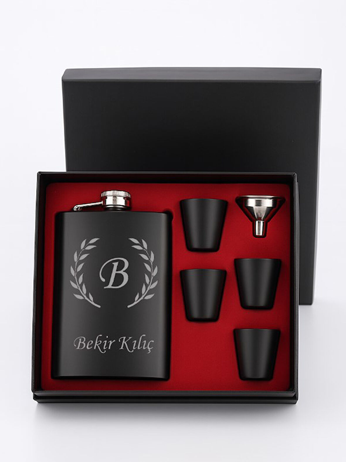 Kişiye Özel Siyah Çelik Matara Hediye Seti Özel Kutusunda İçecek Matarası 4 Shot Bardaklı 