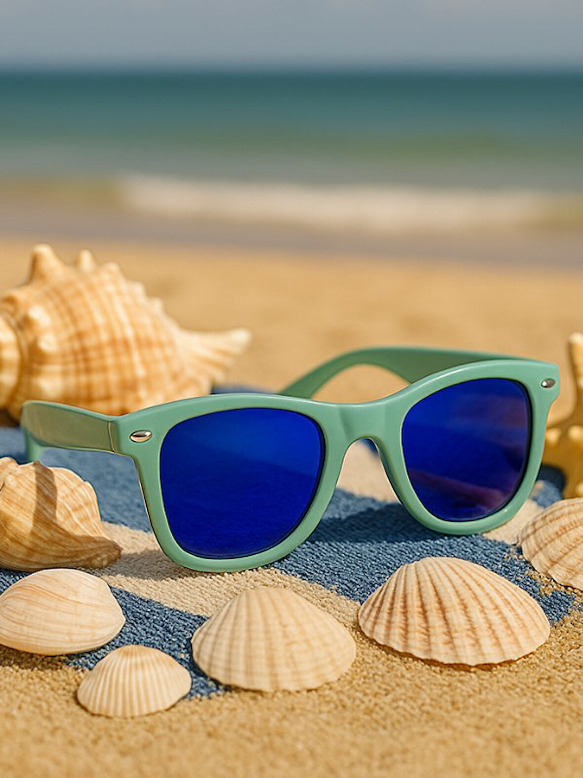 Kids Aynalı Cam Güneş Gözlüğü Yeşil Çerçeve UV 400 Korumalı CE Belgeli 