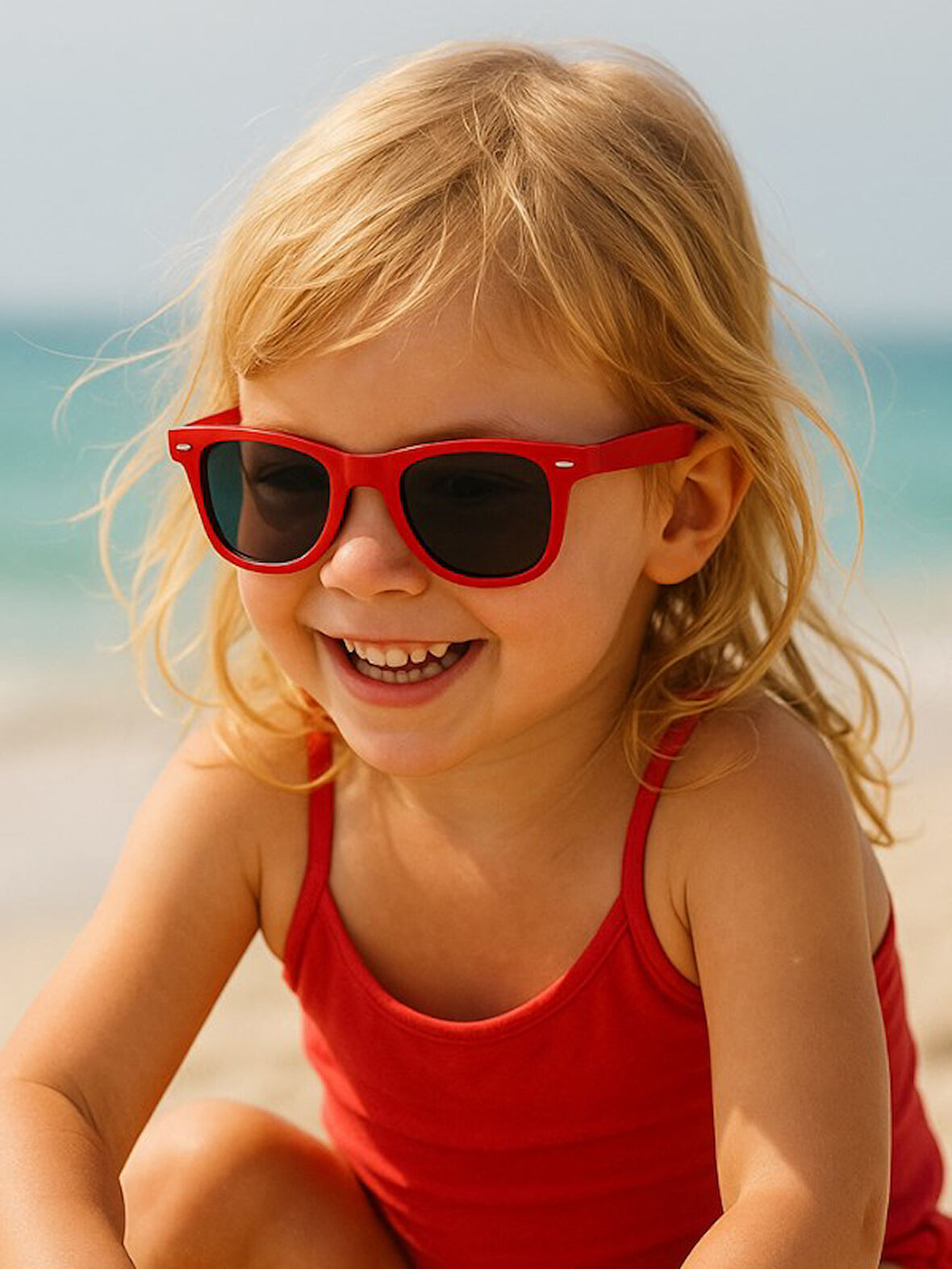 Kids Kırmızı Güneş Gözlüğü Klipsli Çerçeve UV 400 Korumalı CE Belgeli 