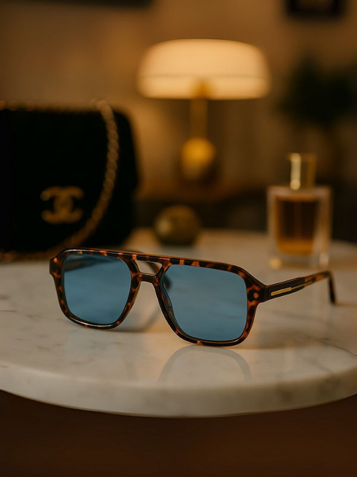 Thor Unisex Leopar Çerçeveli Mavi Dinlendirici Camlı Erkek Güneş Gözlüğü Retro Stil