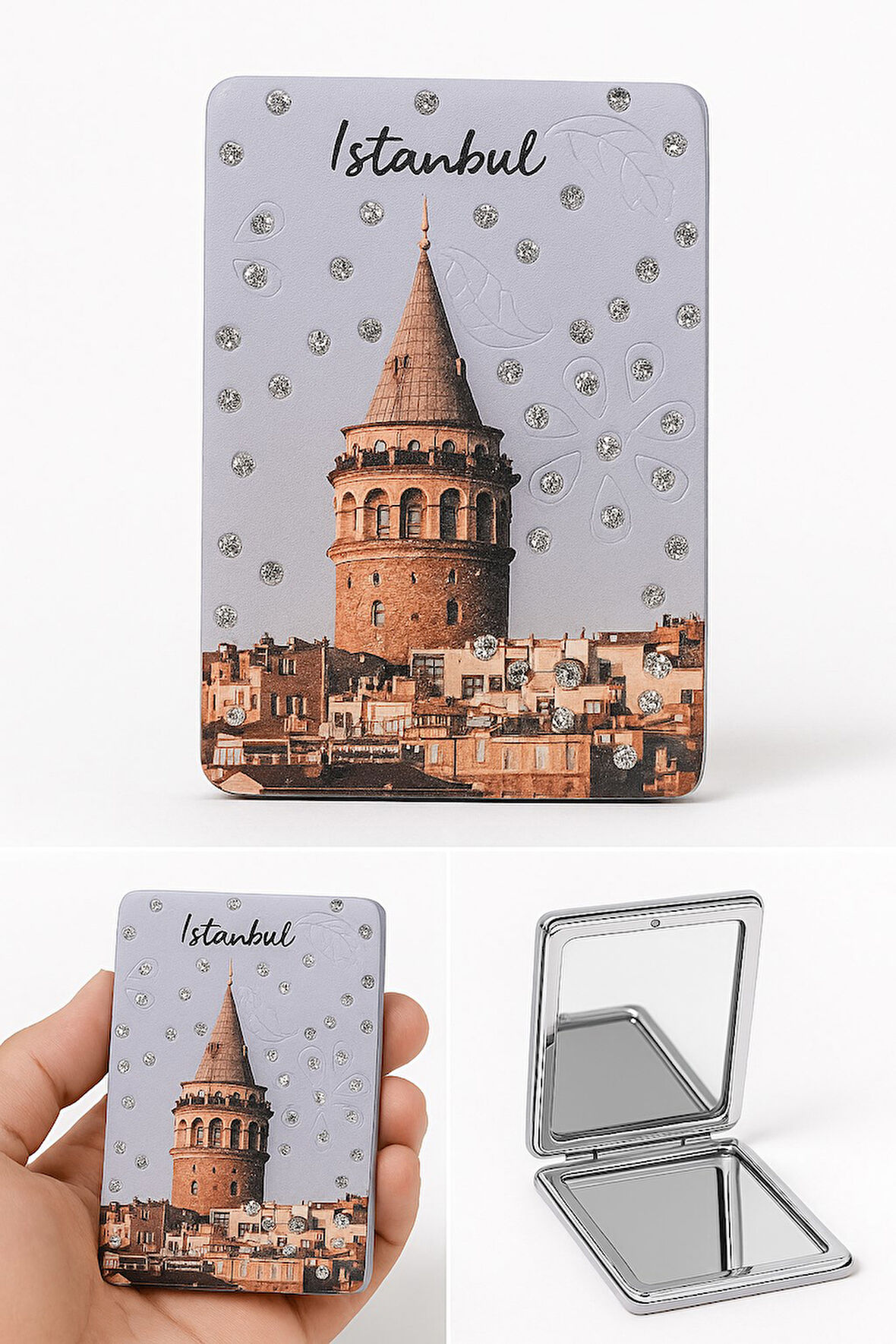 İstanbul Galata Kulesi Temalı Simli Büyüteçli Pratik Mini Cep Çanta Makyaj Aynası 