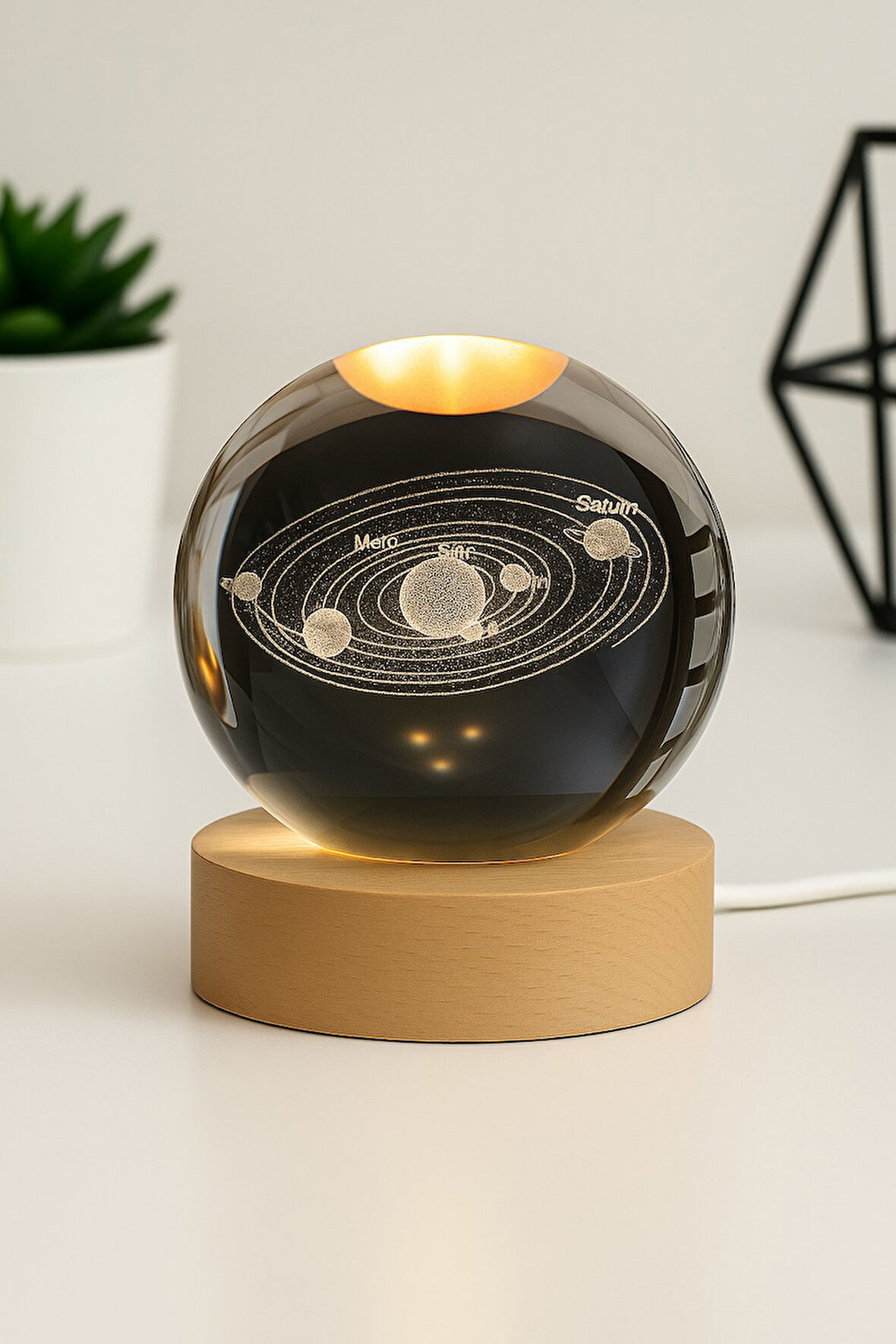 3D Güneş Sistemi Kristal Gün Işığı Led Gece Lambası – USB'li Ahşap Standlı LED Masa - Gece Lambası