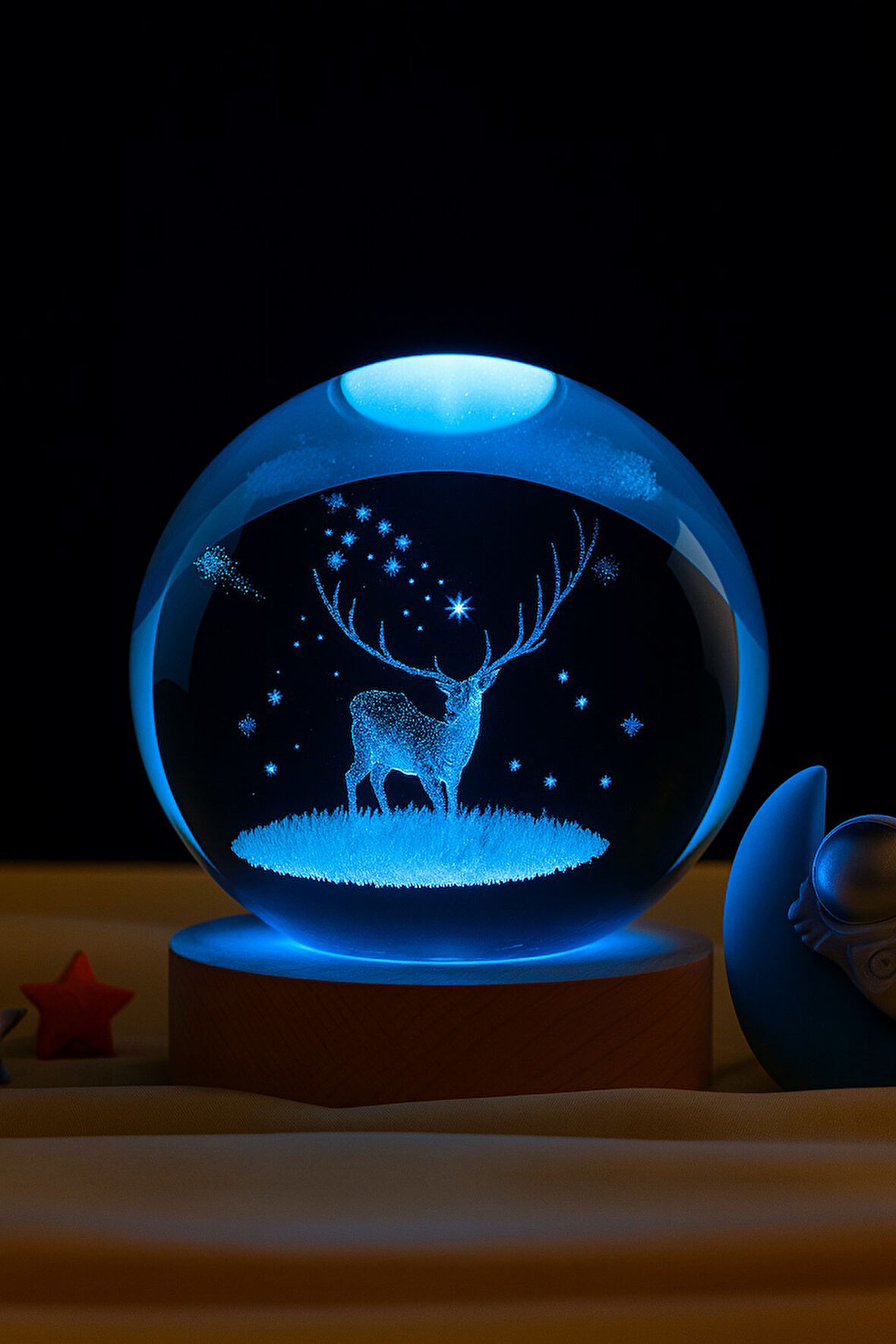 3D Kristal Küre Geyik Figürlü LED Işıklı Gece Lambası USB'li Ahşap Standlı Dekoratif RGB Led