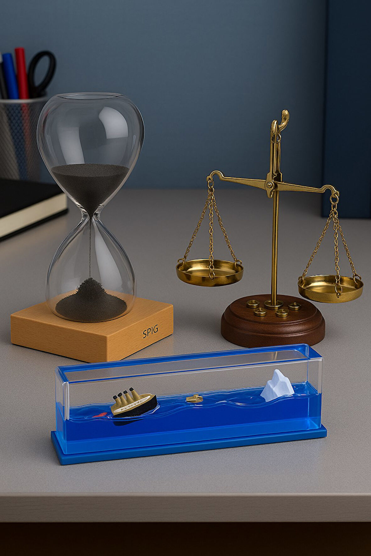 3’lü Masaüstü Dekoratif Set – Manyetik Kum Saati, Adalet Terazisi ve Batmayan Gemi Biblosu