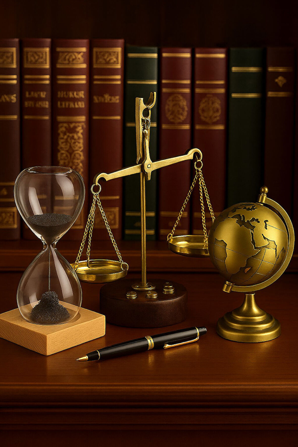 Dekoratif 3’lü Ofis Masa Seti Pirinç Terazi, Manyetik Kum Saati ve Metal Dünya Küresi Premium Hediye