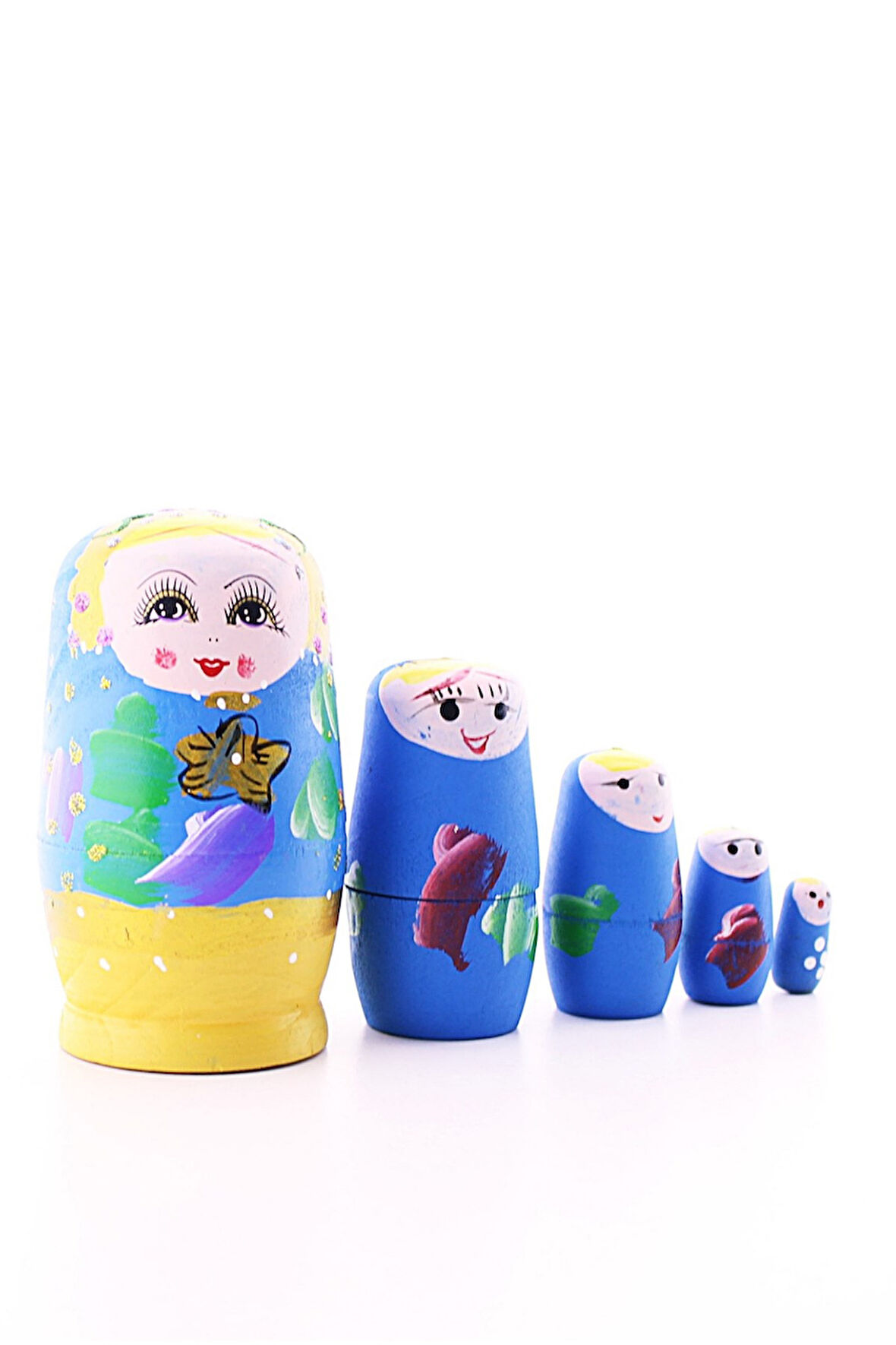 Ahşap Tombul İç İçe Matruşka Bebek Mavi Set 5li Büyük Boy  