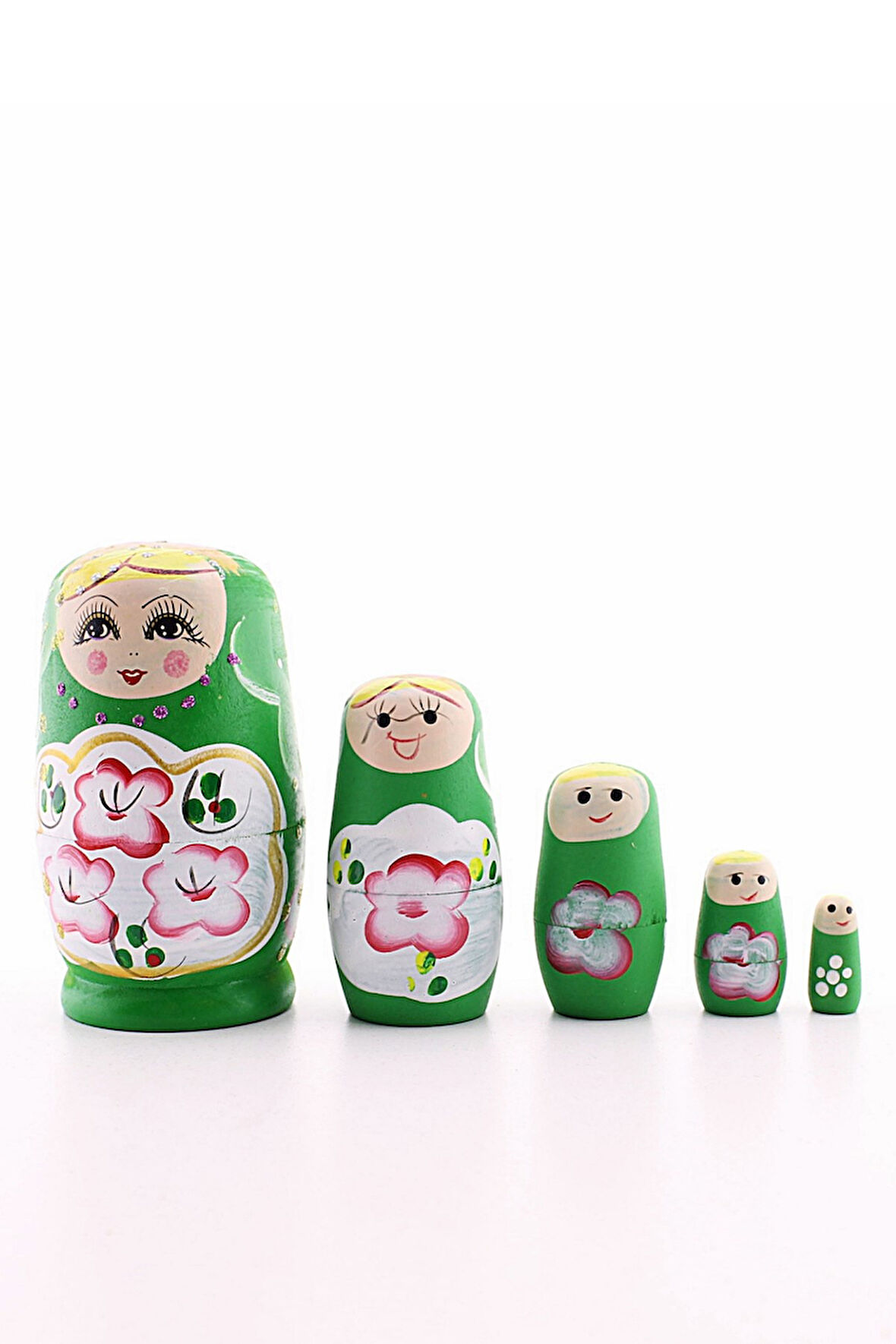Ahşap Tombul İç İçe Matruşka Bebek Yeşil Set 5li Büyük Boy  
