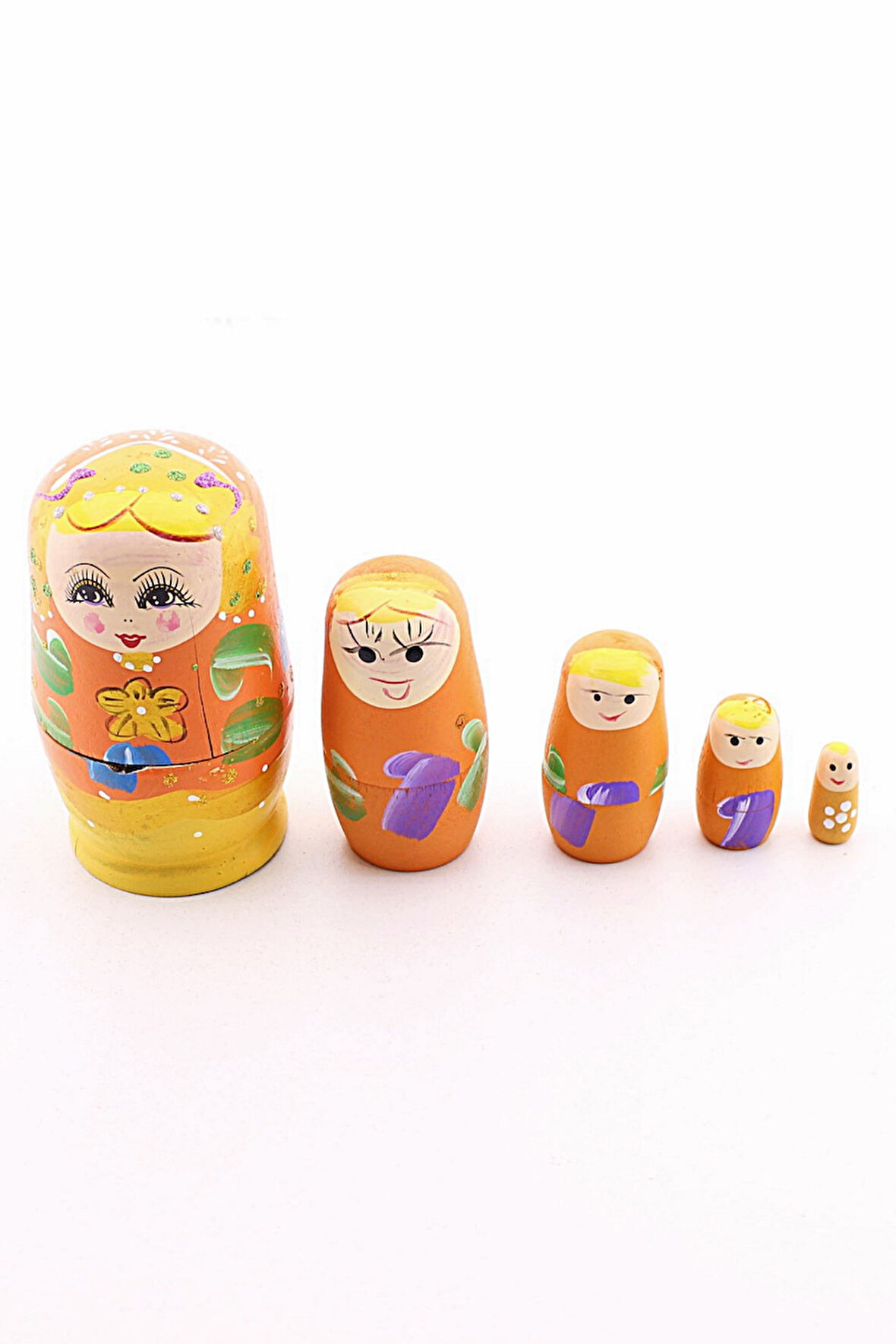 Ahşap Tombul İç İçe Matruşka Bebek Turuncu Set 5li Büyük Boy  