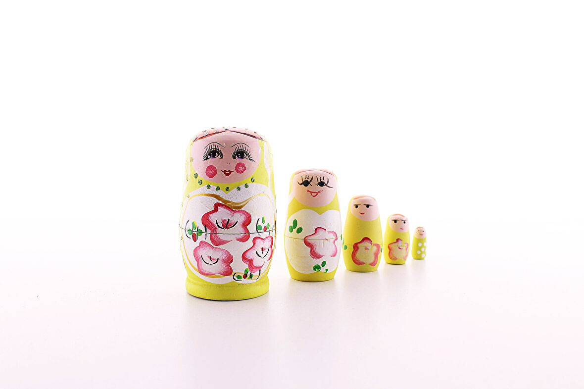 Ahşap Tombul İç İçe Matruşka Bebek Sarı Set 5li Büyük Boy  