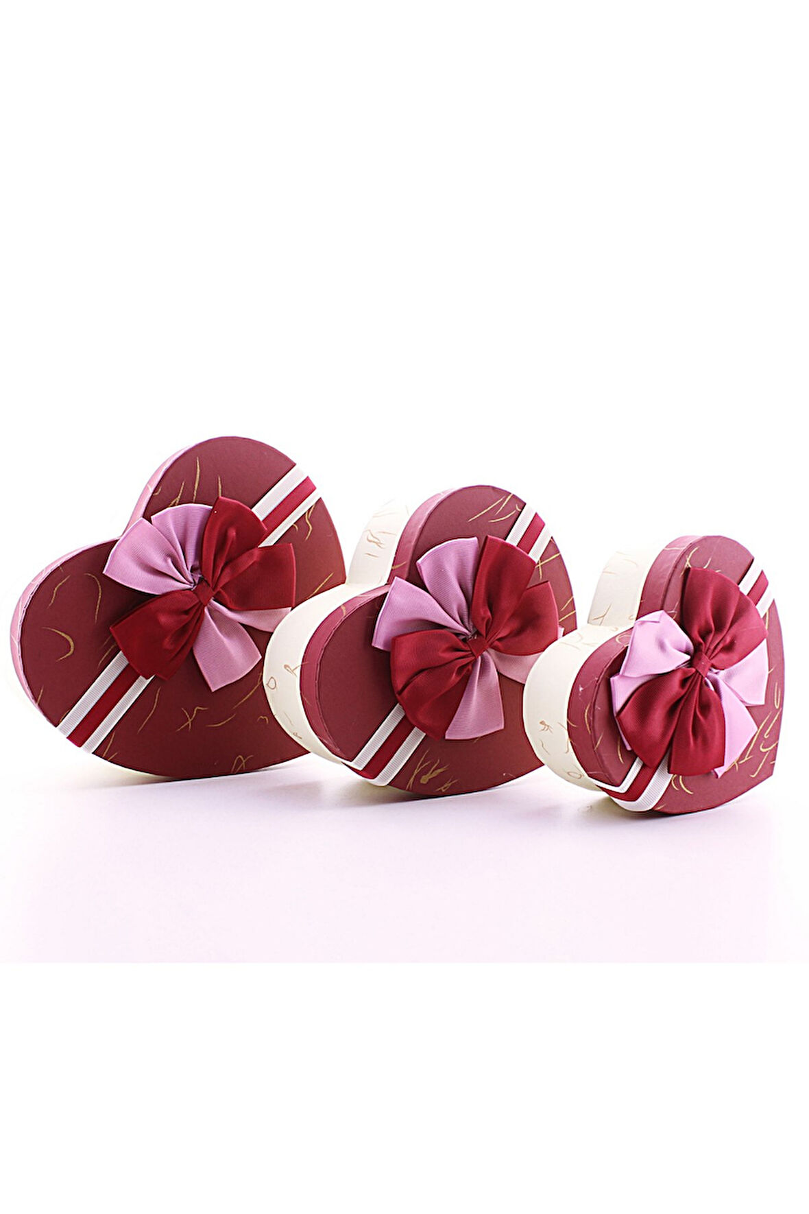 3 Lü Set Kalp Şeklinde Love Temalı Kurdeleli Karton Kutu Kırmızı Sevgiliye Hediye
