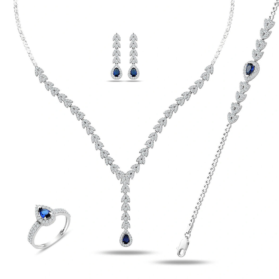 925 Ayar Gümüş Buğday Model Mavi Damla Taşlı Su Yolu Set