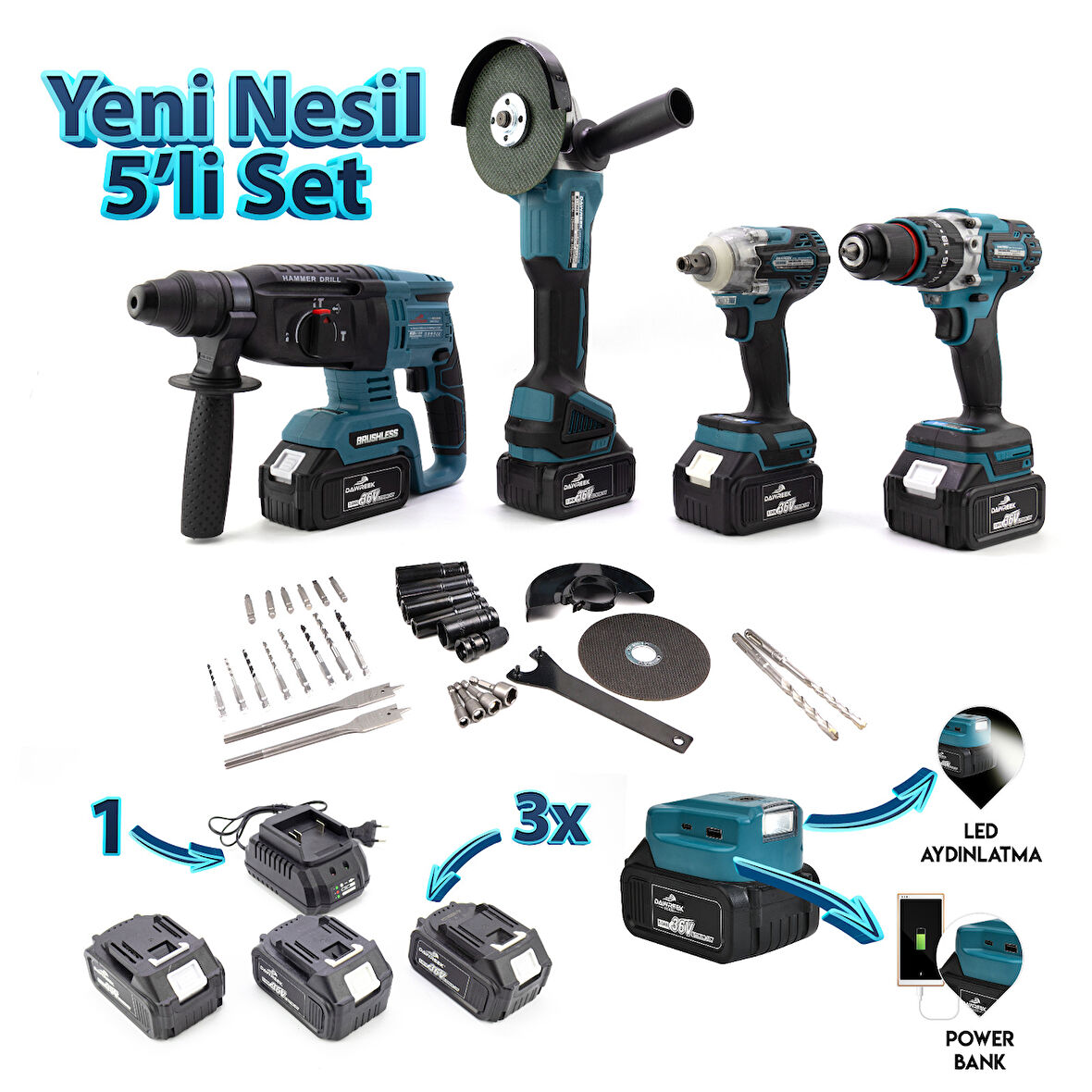 Beşli Set MK350 (Power Bank Led 13mm Ç.Mandren+S.Sıkma+Ş.Spral+Ş.Hilti)