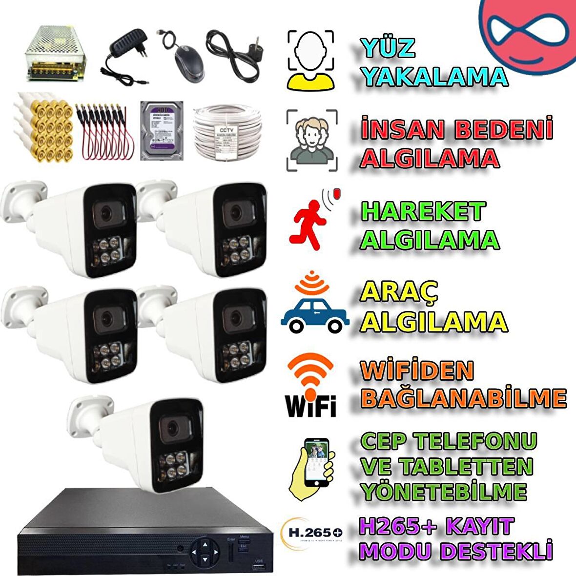 5 KAMERALI 500GB HDDLİ İNSAN YÜZ ARAÇ HAREKET ALGILAYAN GECE RENKLİ GÖSTEREN GÜVENLİK KAMERASI SETİ