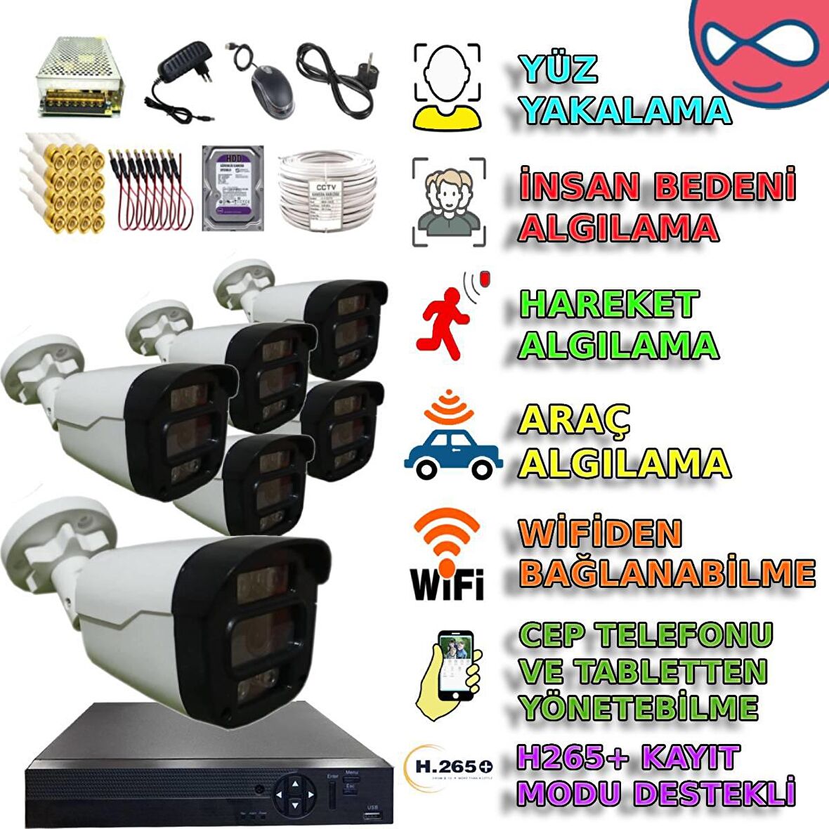 6 KAMERALI 500GB HDDLİ GECE RENKLİ GÖSTEREN ARAÇ İNSAN HAREKET YÜZ ALGILAYAN GÜVENLİK KAMERASI SETİ